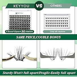 Lash Clusters 96pcs Individual Lashes Y03 D Curl 16mm Cluster Lashes KEYYOU Volume Wispy Lash Extension Soft&Comfortable Easy DIY at Home(Y03 D-16mm)