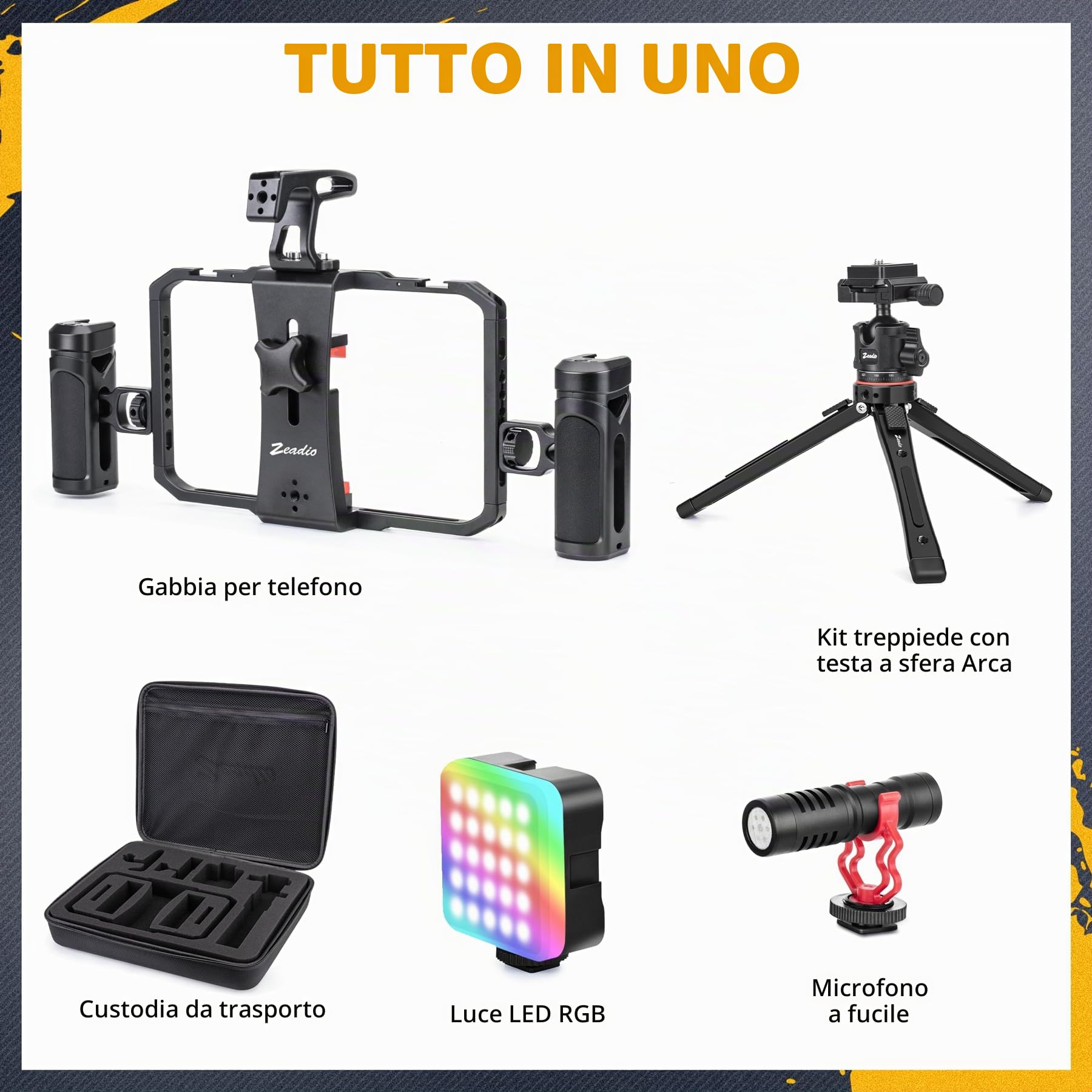Zeadio - Kit tutto in uno per video telefonici, versatile gabbia per attrezzatura con luce RGB, microfono, treppiede con testa a sfera Arca, perfetto per registrazione/YouTube/trasmissioni in diretta
