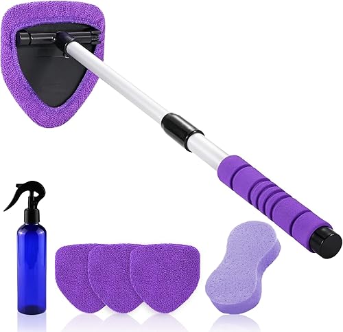 XINDELL Windshield Cleaner Tool – 24-inch Pink Car Interior&Exterior Window Cleaning Kit with Extendable Handle & 4 Microfiber Pads, Auto Wiper