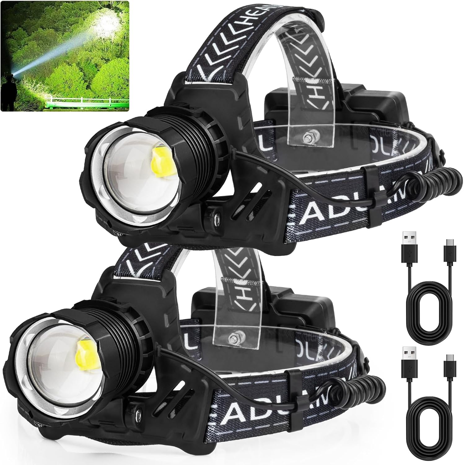 LED Rechargeable Headlamp 90,000 High Lumens, Super Bright Head Lamp with 3 Modes & IPX7 Waterproof USB Headlamps, 180° Adjustable Headlight for Outdoor Camping, Running, Climbing
