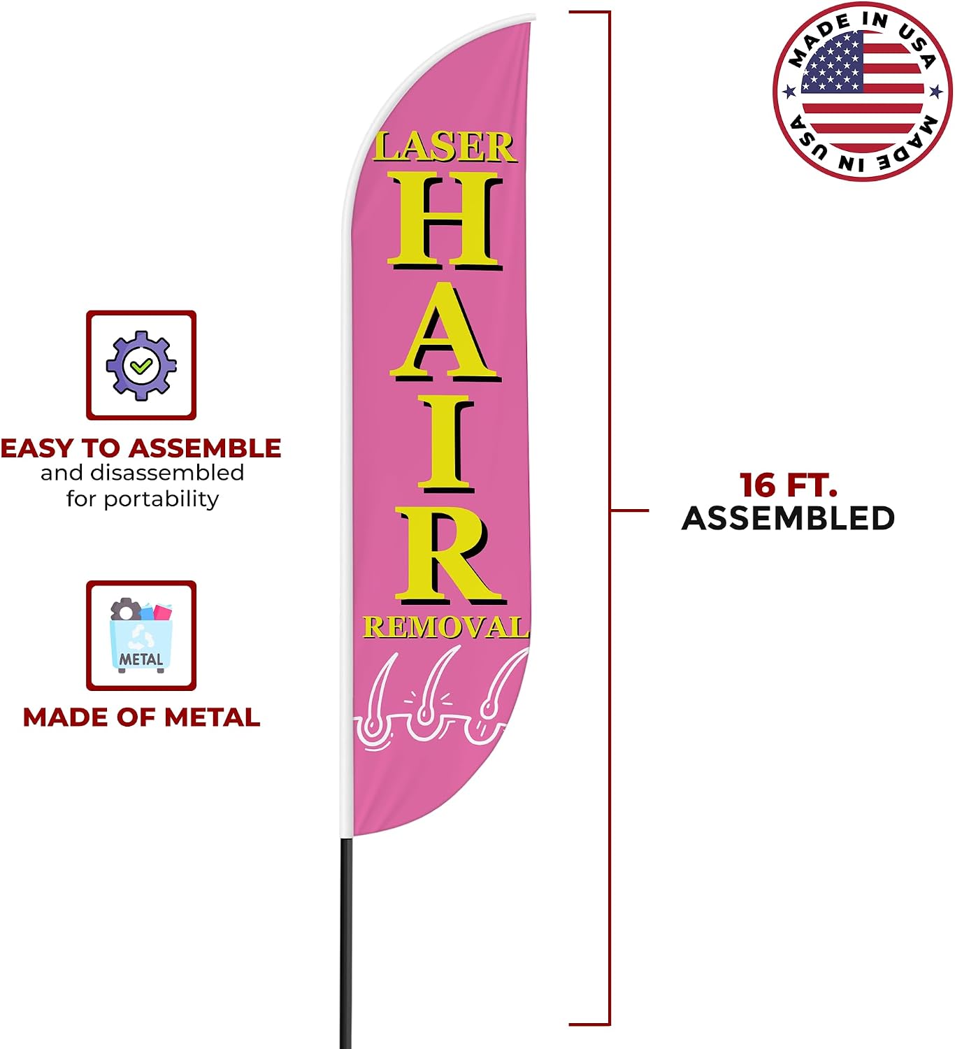 Laser Hair Removal Sign Feather Flag for Outdoor 11.5 FEET Long Polyester Outdoor Banner Flag for Easy Hang | HD Print Swooper I Flag Only for Salon Advertising I Flag Only