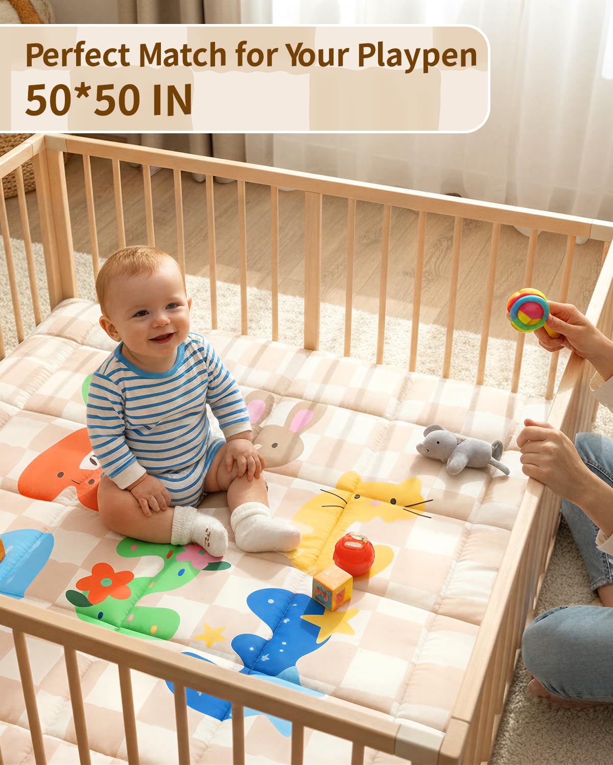 Baby Play Mat, Foldable Play Mats for Floor, 50x50 Inches Crawling Mat for Playpen with Anti-Slip Bottom, Machine Washable, Thicken Padding Foam Playmats for Babies and Toddlers (Sand Checks)