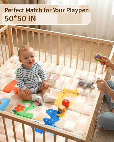 Miniatura 4 de Tapete de juego para bebé, tapetes de juego plegables para piso, tapete de gateo de 50 x 50 pulgadas para corral con parte inferior antideslizante,