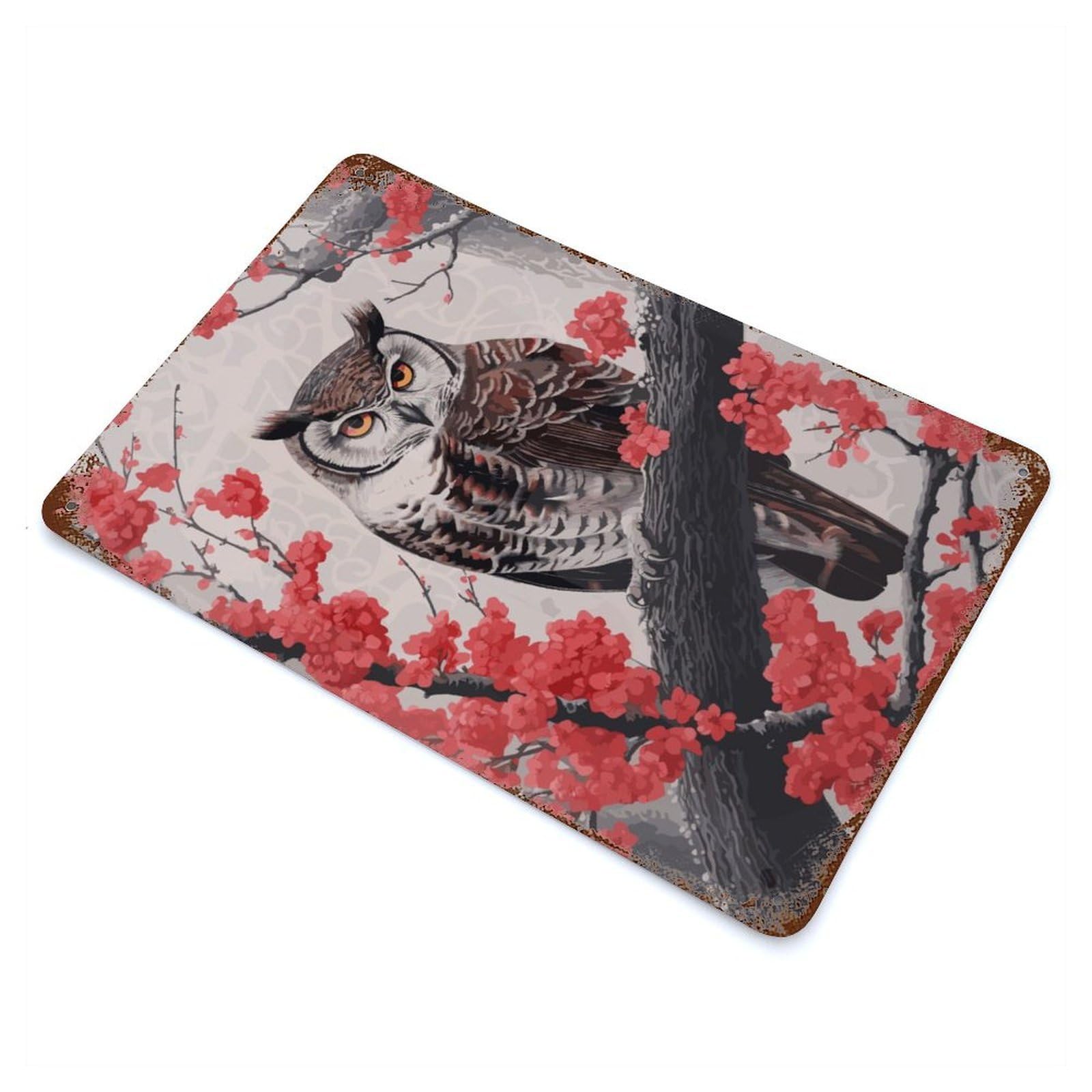 Owl Japanese Painting Rusty Metal Tin Sign 11.8"x7.9", Ideal for Farmhouse, Kitchen And Entryway Decor