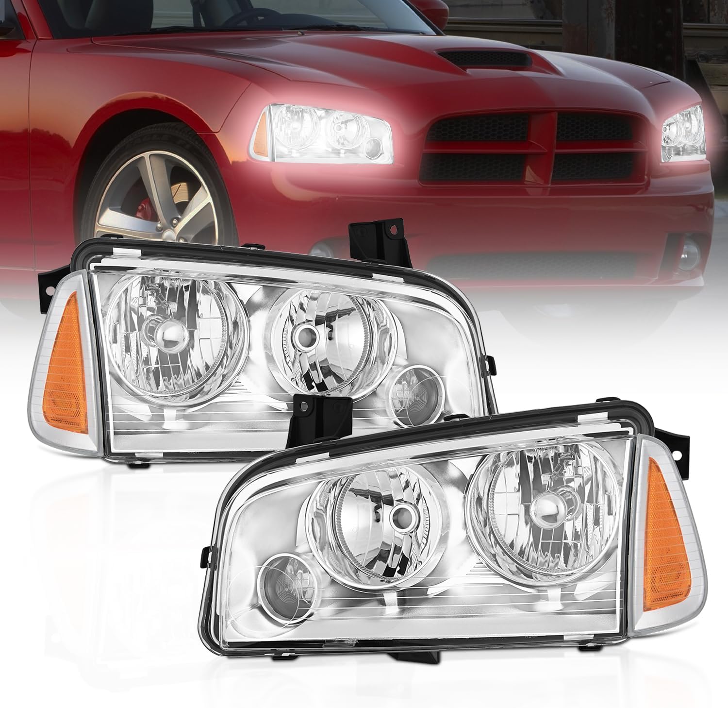 Nilight Headlight Assembly Compatible with 2006 2007 2008 2009 2010 Dodge Charger Chrome Housing Amber Reflector Clear Lens Headlights Replacement Bumper Lamp Set Driver and Passenger Side