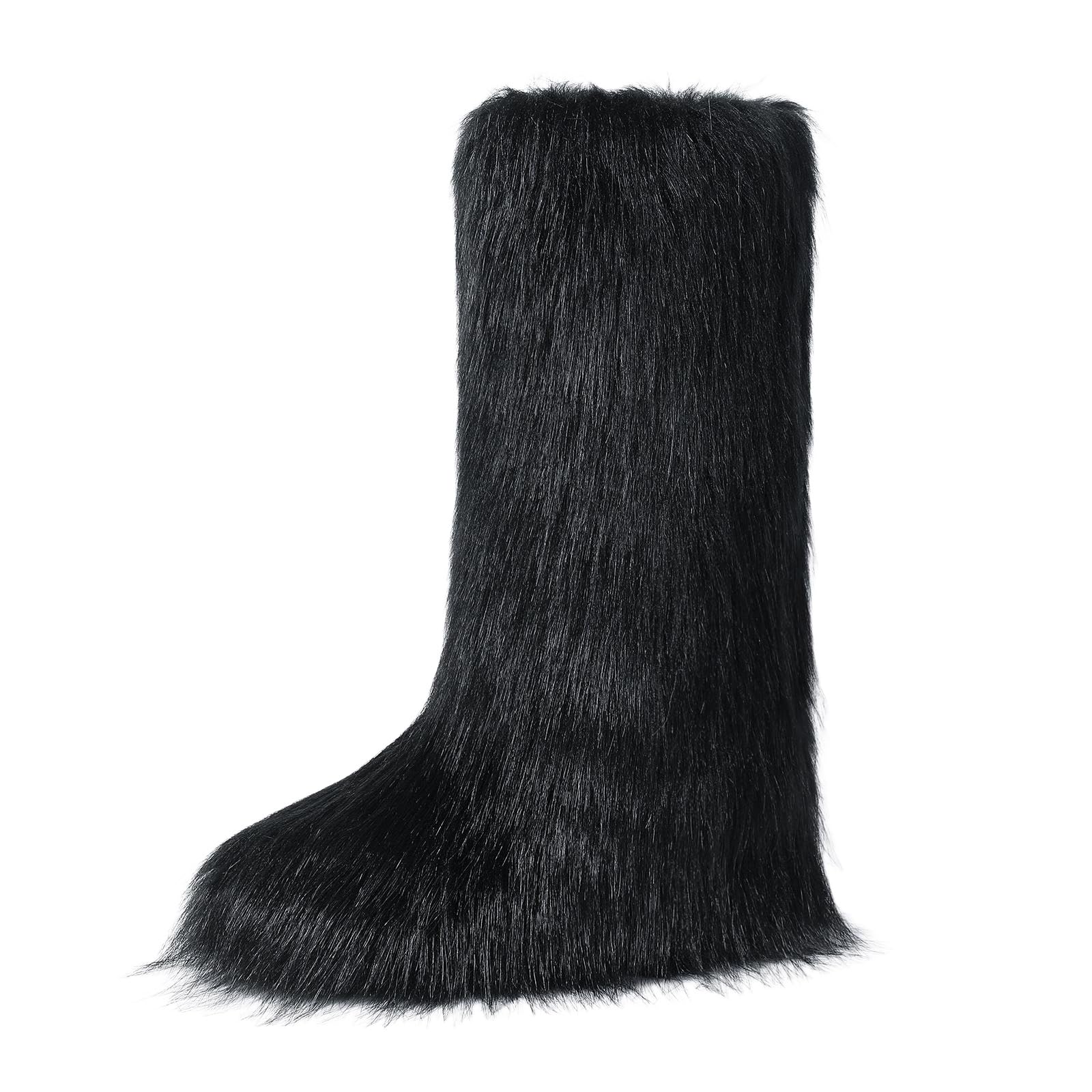 Womens Knee-High Faux Fur Boots - Furry Fluffy Warm Winter Snow Boots with Comfortable Round Toe for Cozy
