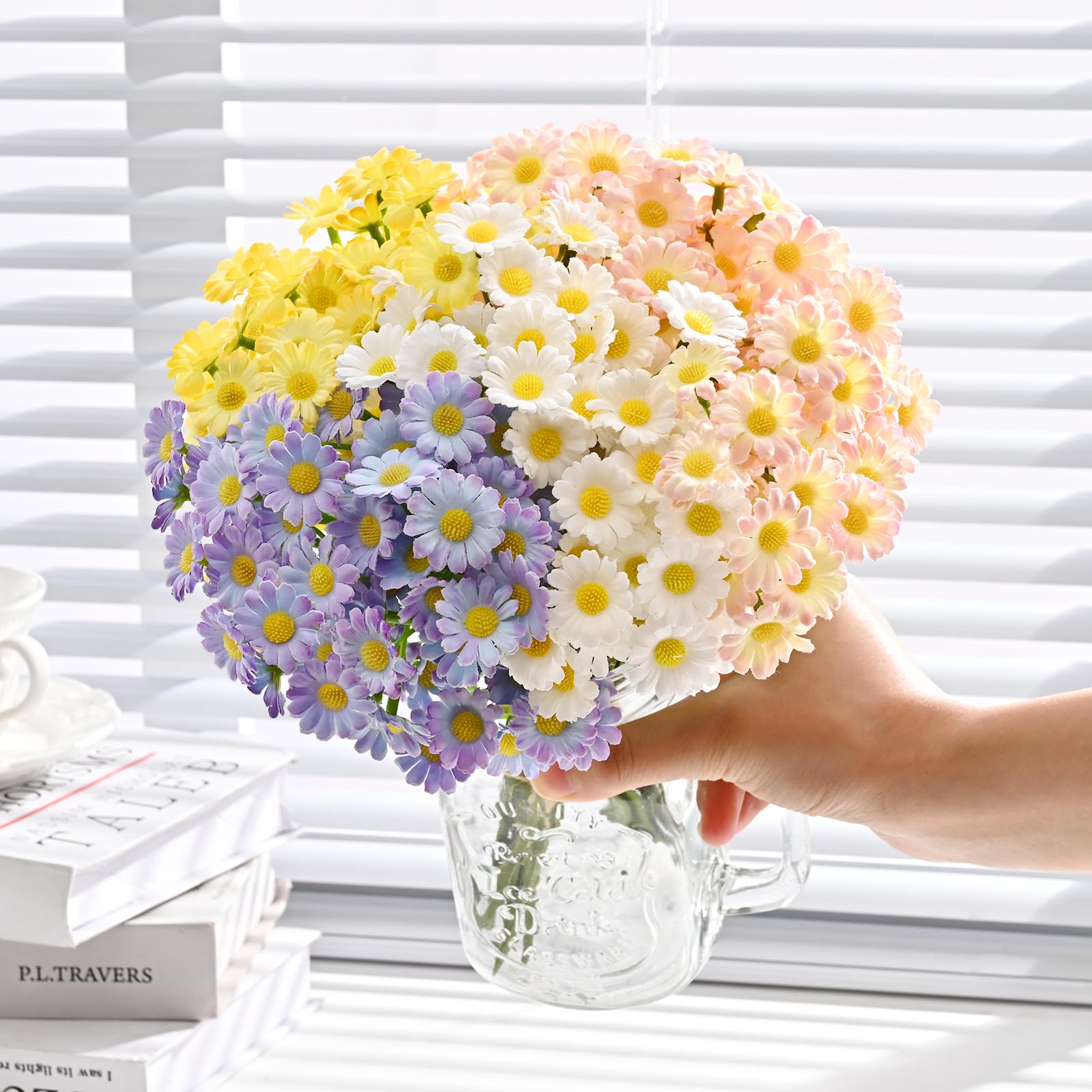 Aumsica 14束 人工デイジーフラワー フェイクシルク デイジー UV耐性 フェイクプラスチック 緑 低木 植物 屋内 屋外 ハンギングプランター ホーム ガーデン デイジー（造花｜造花・人工観葉植物）：花・観葉植物\u003c花