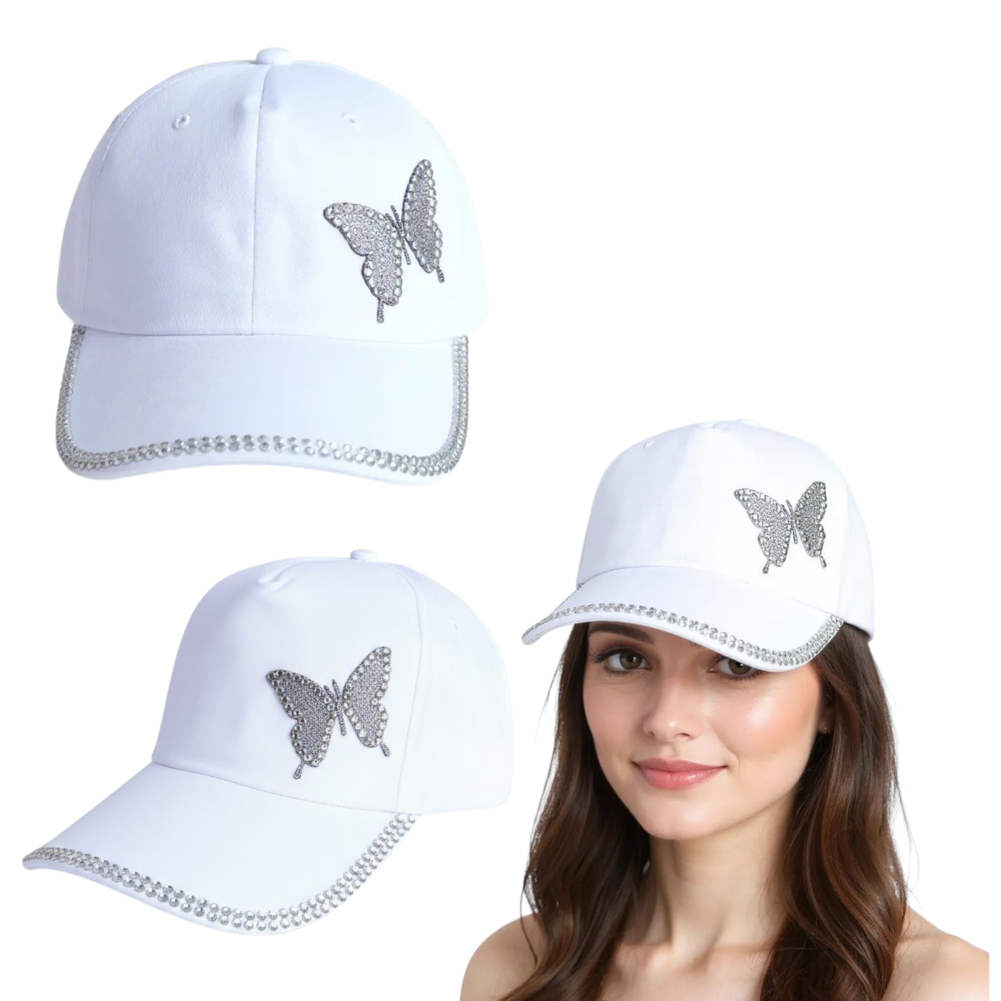 White Cap for Women - Butterfly Design with Silver Rhinestones Stylish Designer Hat, Trendy Party Cap - Women's Caps Collection-image-22