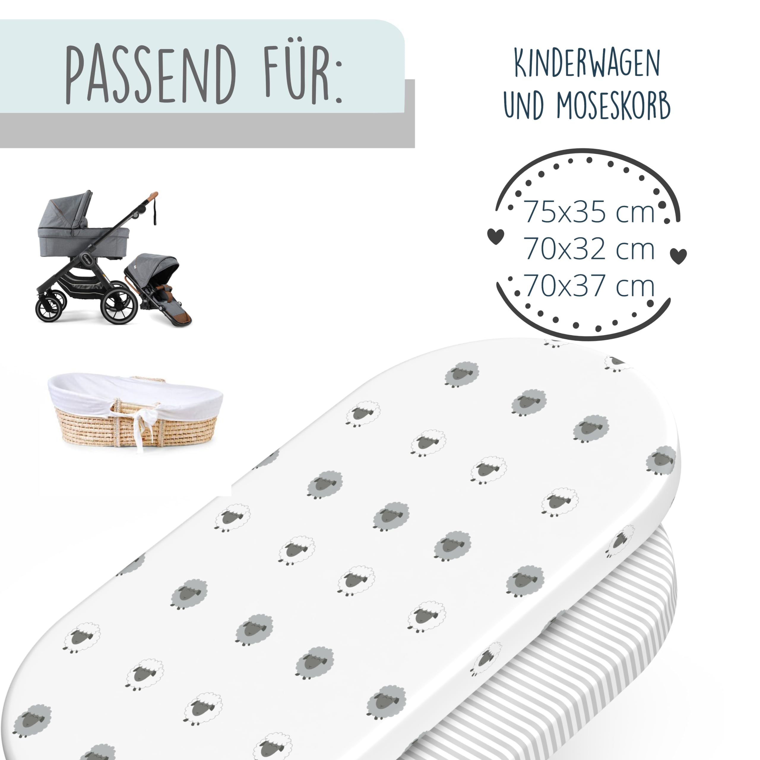mimaDu Drap Housse Couffin 32x72 Berceau Nacelle | Convient 70x32 70x37 75x35cm | 100% Jersey de Coton Certifié Öko-Tex (Moutons Rayures)