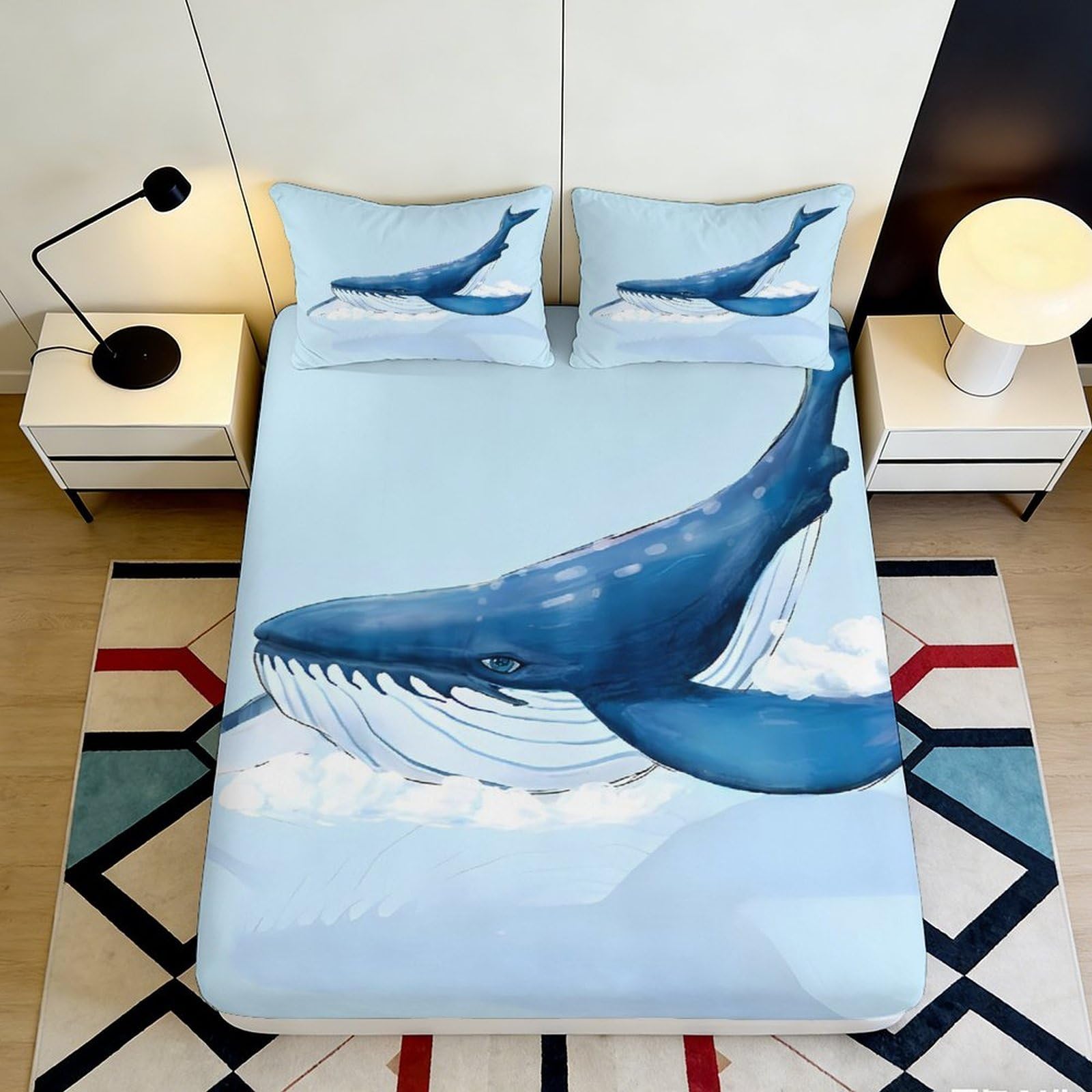 3D Printed Whale Pattern Fitted Sheet Microfiber Deep Pocket Bedding Whale Mattress Fitted Cover Non-Slip Elastic Hem Washable 120x200x25cm