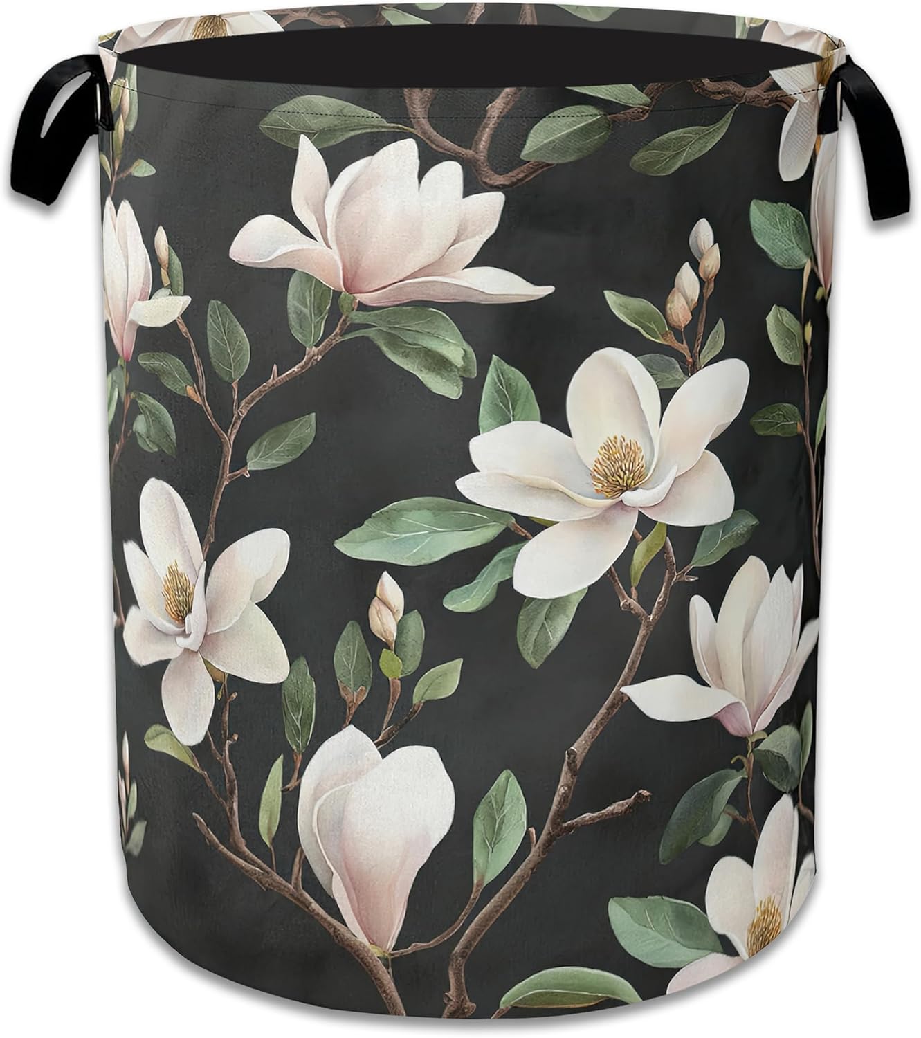 White Magnolia Laundry Hamper With Handle,Foldable Oxford Cloth Laundry Basket,20.8"x16" Clothes Storage Basket for Laundry Room/Bedroom/Bathroom