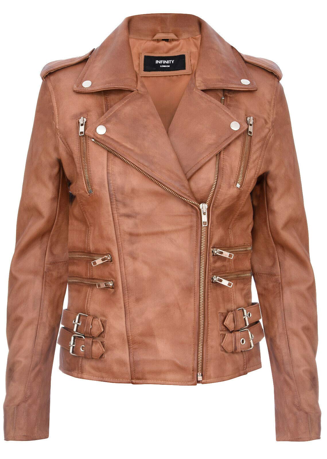 Infinity Leather Women's Tan Leather Vintage Brando Biker Jacket-Orlando In | Size: 18