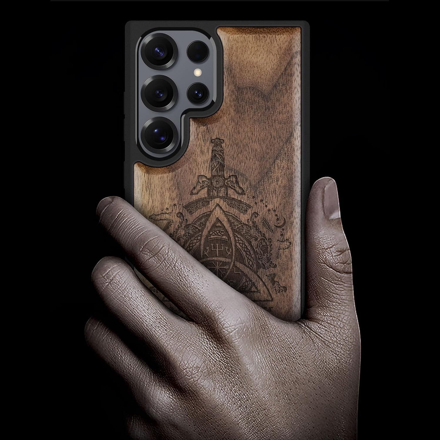 Carveit Magnetic Wooden Case for Samsung Galaxy S25 Ultra Case 2025, TPU Shockproof Cover & Wood Artisan Engraved, Compatible with MagSafe Wireless Chargers (Norse Emblems) Walnut