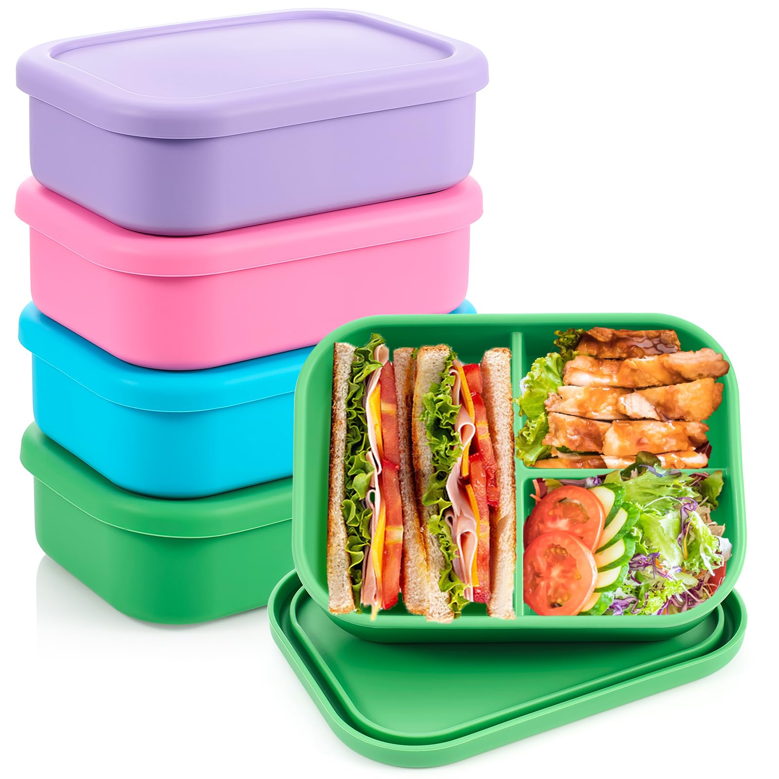 Layhit 4 Pcs Silicone Bento Box, 3 Compartments, Bright Colors