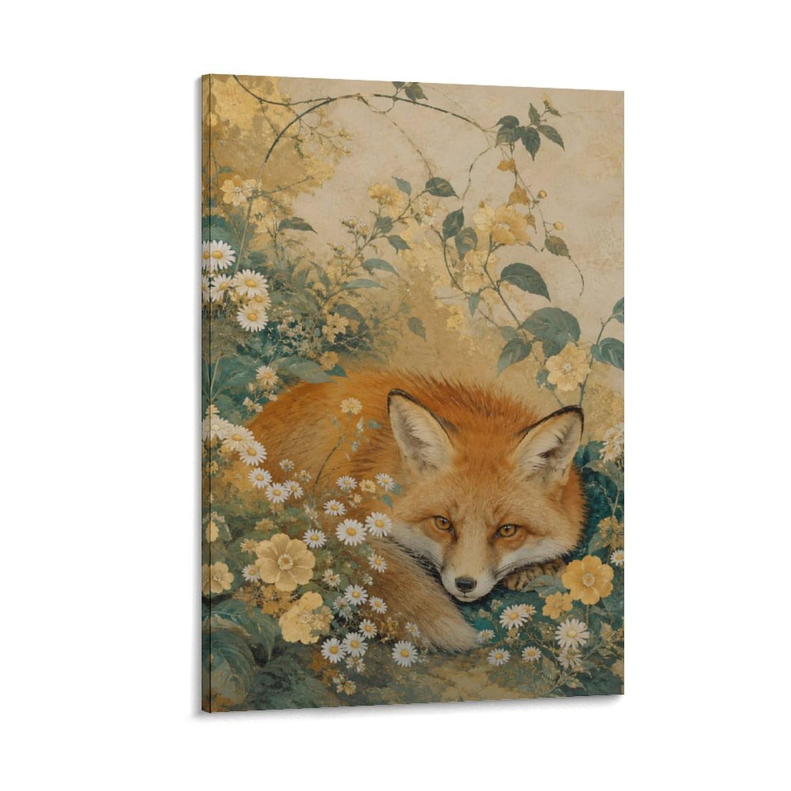 W7C8U2X3 Fox Floral Meadow Canvas Wall Art, Woodland Animal Wall Art