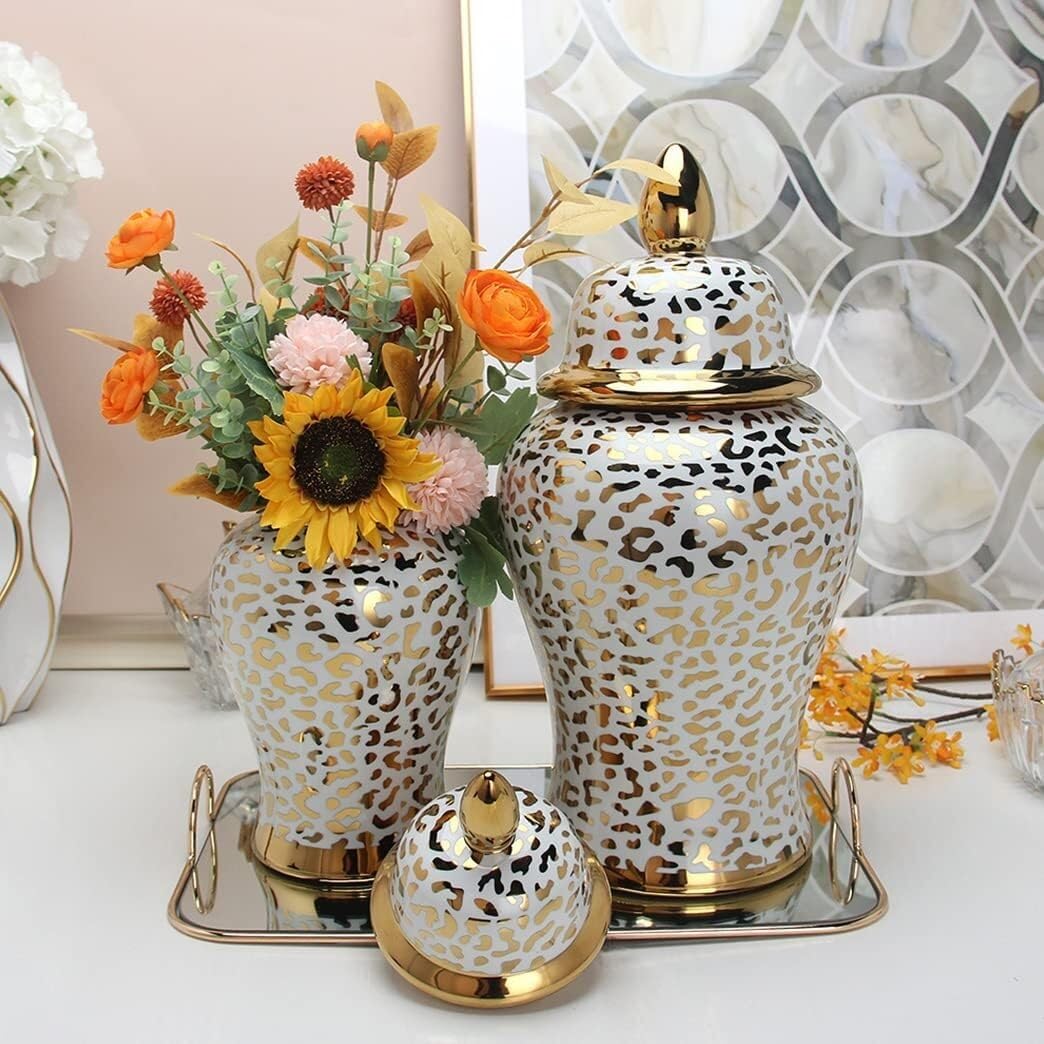 Wazon na imbir, wazon, słoik do przechowywania, złoty ceramiczny słoik na imbir z pokrywką, dekoracyjna porcelanowa doniczka, słoik świątynny z pokrywką (kolor: A, A,A-24 * 48cm