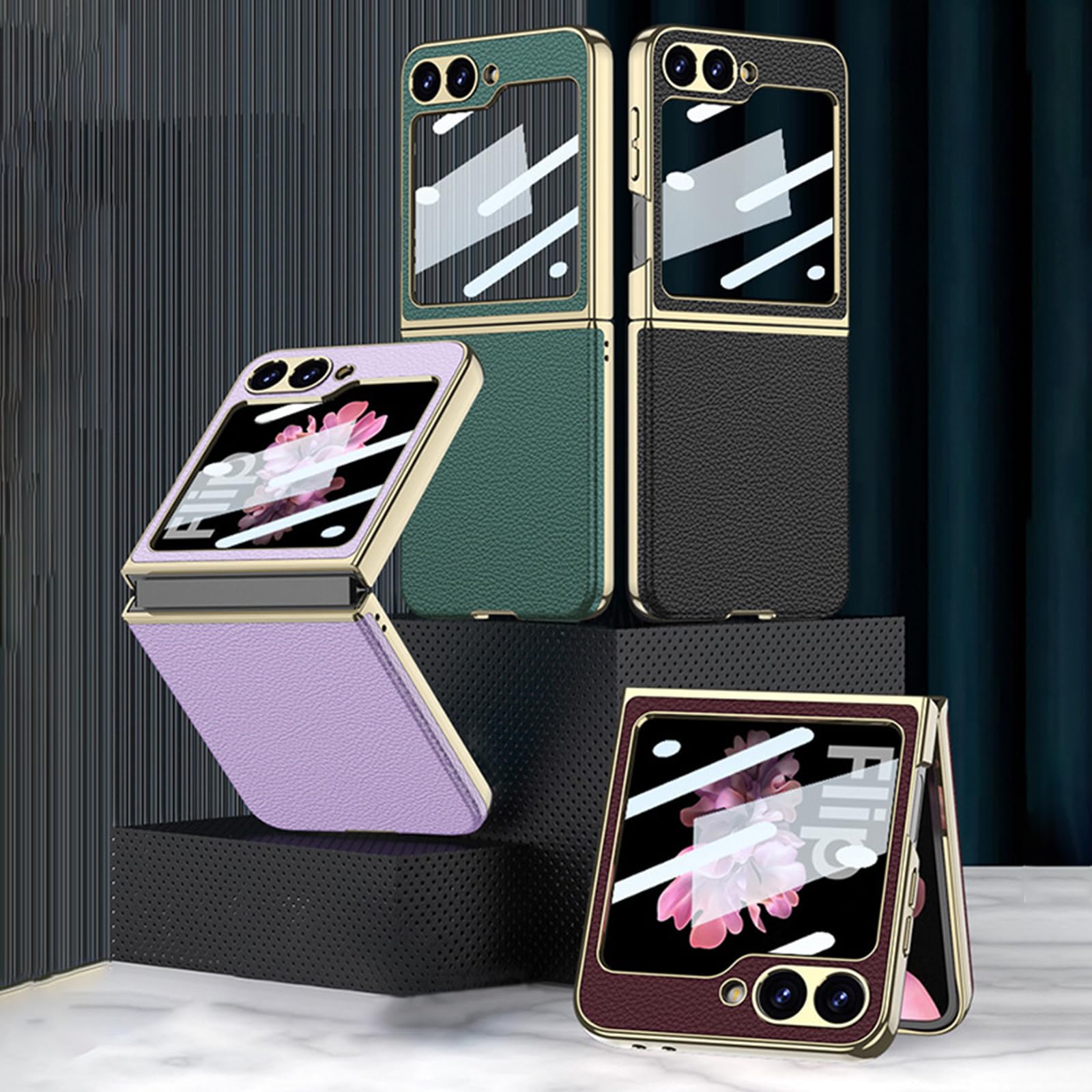 Etui do Samsung Galaxy Z Flip 7, luksusowe galwanizowane skórzane etui ochronne z osłoną ekranu, bezprzewodowe ładowanie, czarny, Flip 7