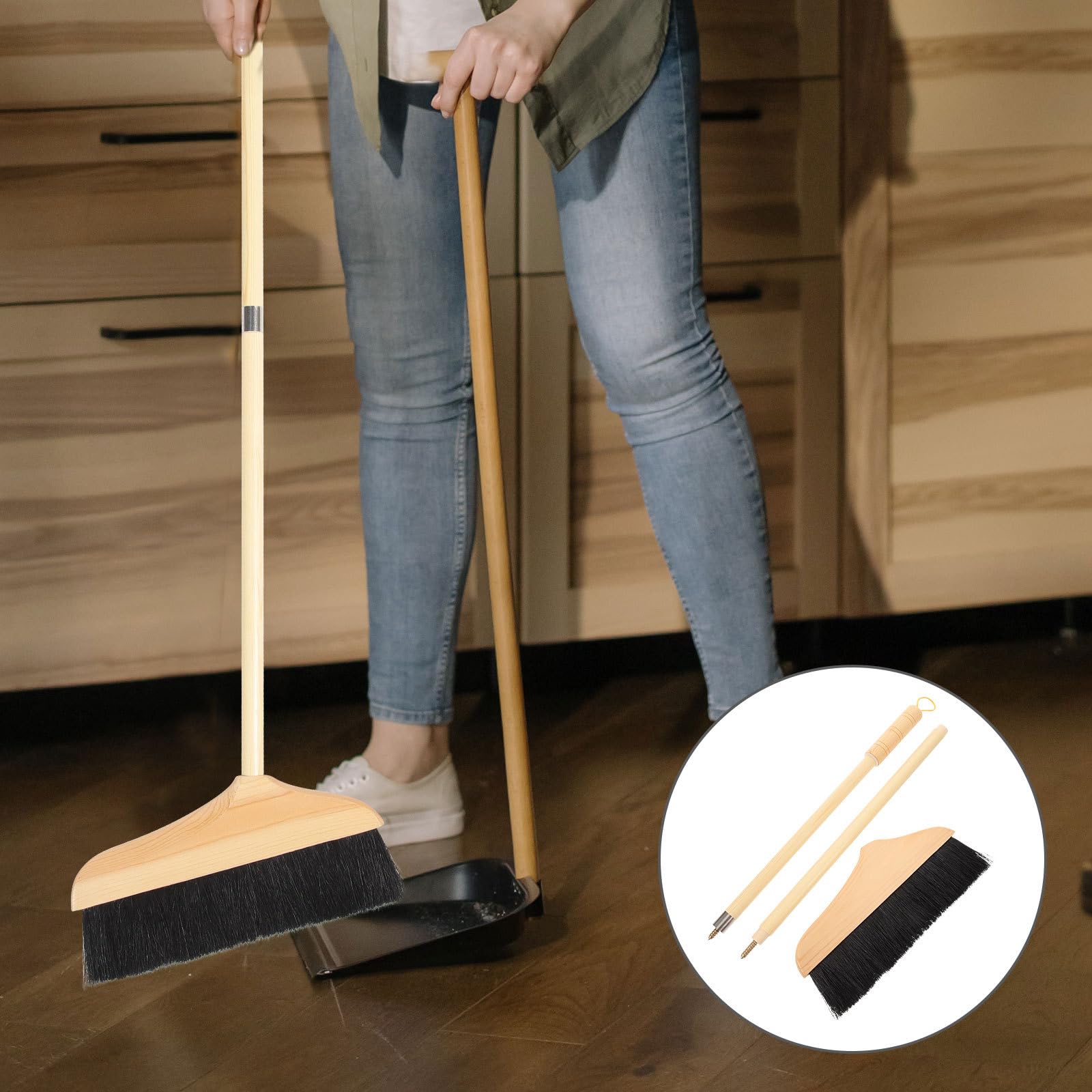 Cepillo de madera de mango largo con cerdas suaves para limpieza de interiores y exteriores, ideal para suelos, alfombras y eliminación de polvo en el hogar y el jardín