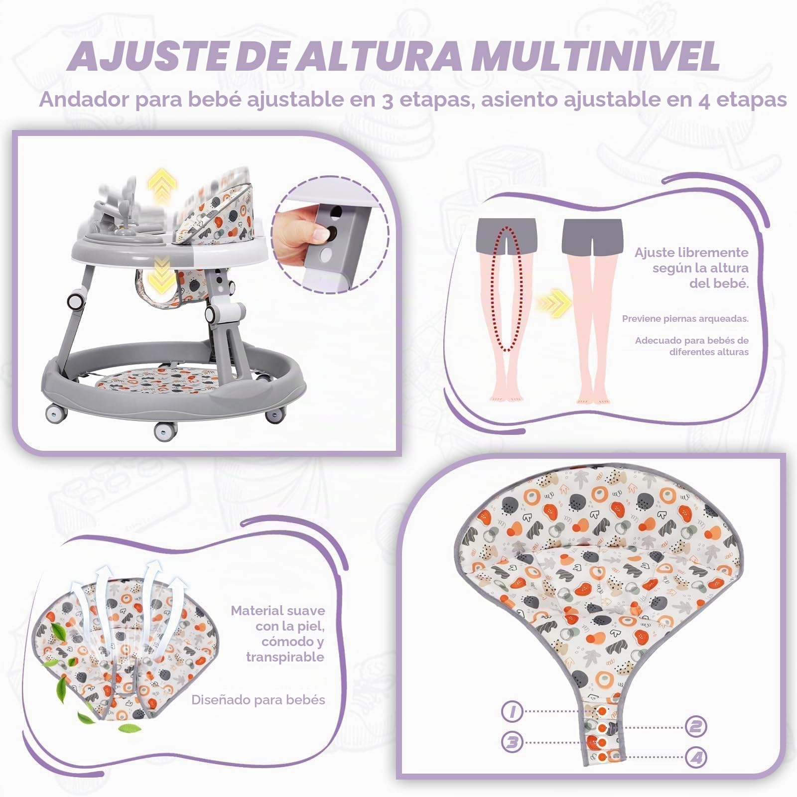 Tacata Bebes con Volante,Juego,Alfombrilla, Chasis Redondo Antideslizante de 6 Ruedas,Plegable Y con 3 Alturas Ajustables,Asiento con 4 Posiciones Ajustables,Andador Para Bebés a Partir de 0+