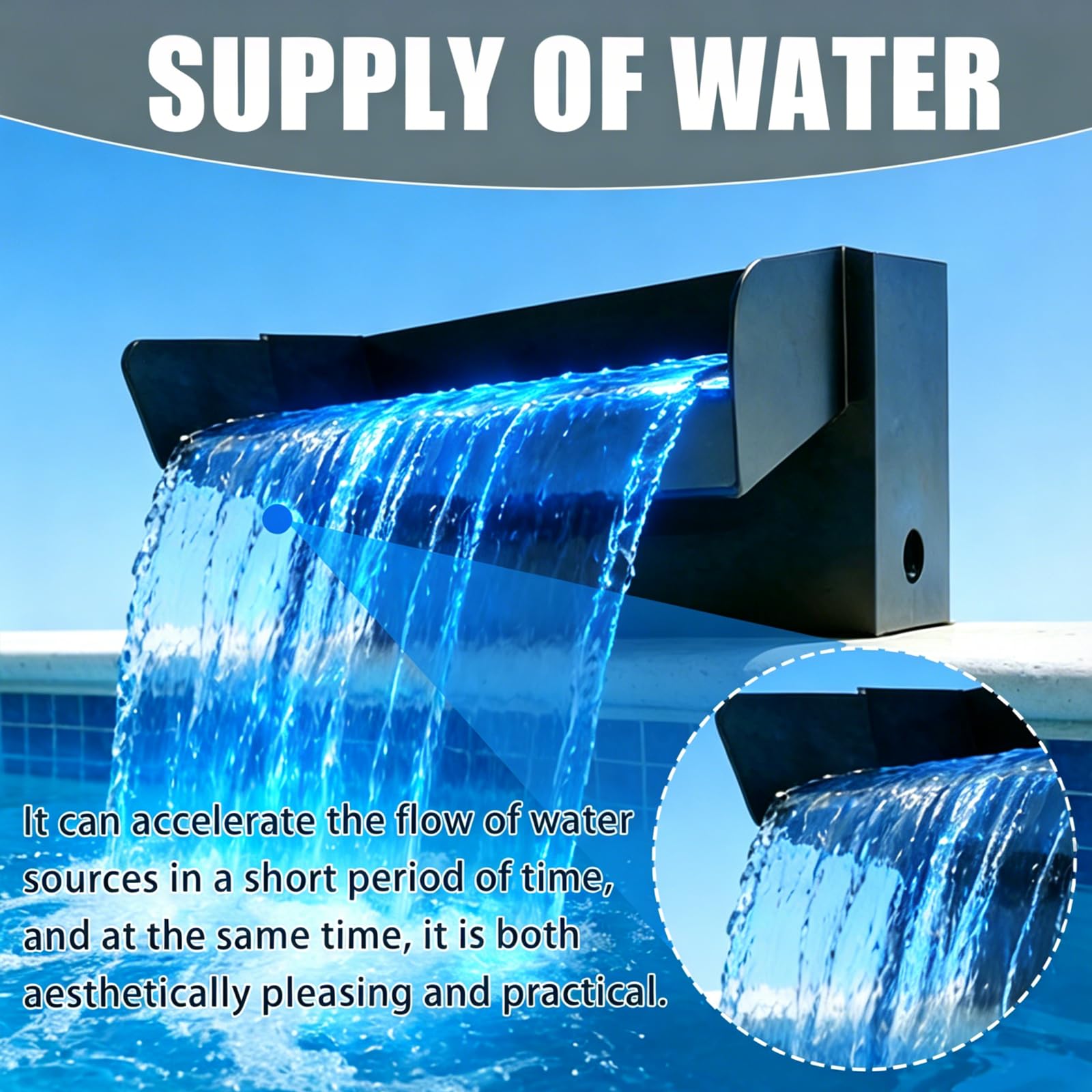 Teich Wasserfall für Gartenteich, 30CM Edelstahl Teichwasserfall Set mit LED Licht Garten Teich Brunnen 45W 3000 L/H mit Wasserfall Deko Garten Teich Wasserspiel Patio Terrasse Außenteich