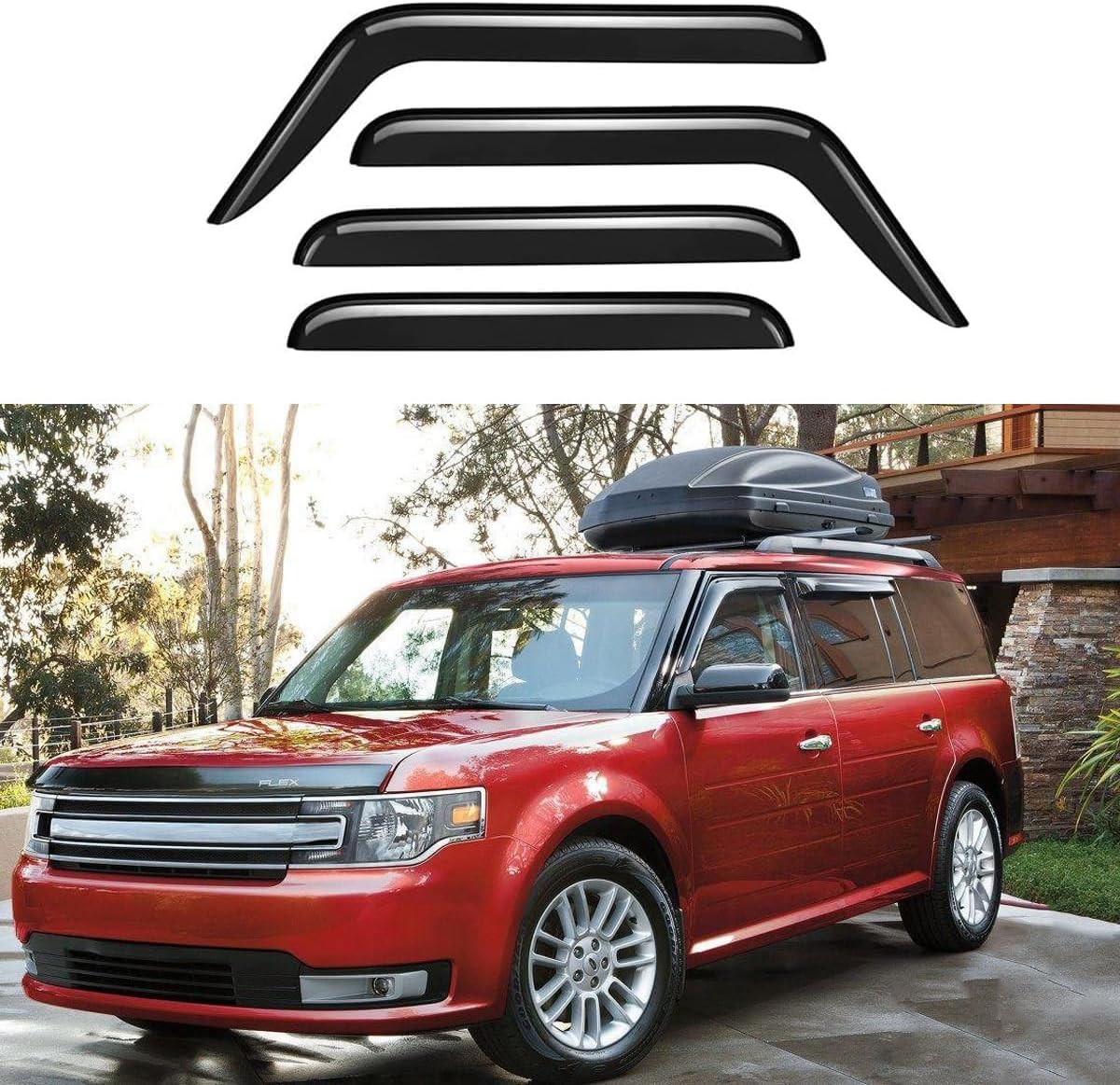 Original 4pcs Waterproof Wind Deflector, Outside Mount Tape-On Rain Guards Set, Sunroof Side Window Visors Compatible with 2009-2019 Ford Flex 94079