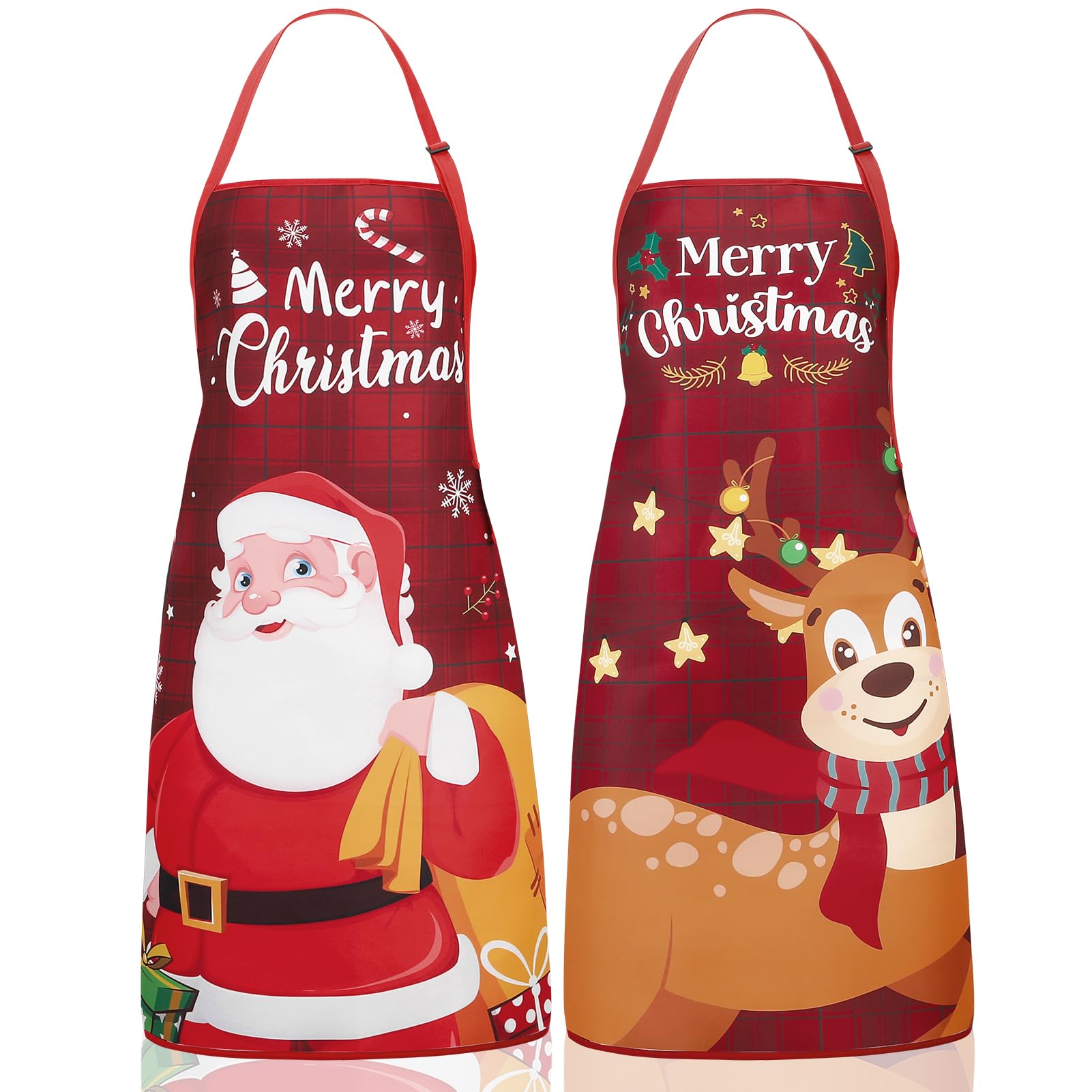 2 Pcs Funny Christmas Aprons for Women Men, Red,Santa Claus Reindeer