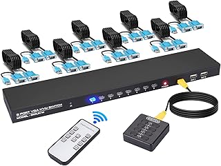 VGA KVM Switch, 8 Port USB VGA KVM Switcher for 8 Computers Share 1 Monitor 4 USB Devices, Keyboard Mouse Scanner Printer, Including 8 KVM Cables, Remote Control & Desktop Control