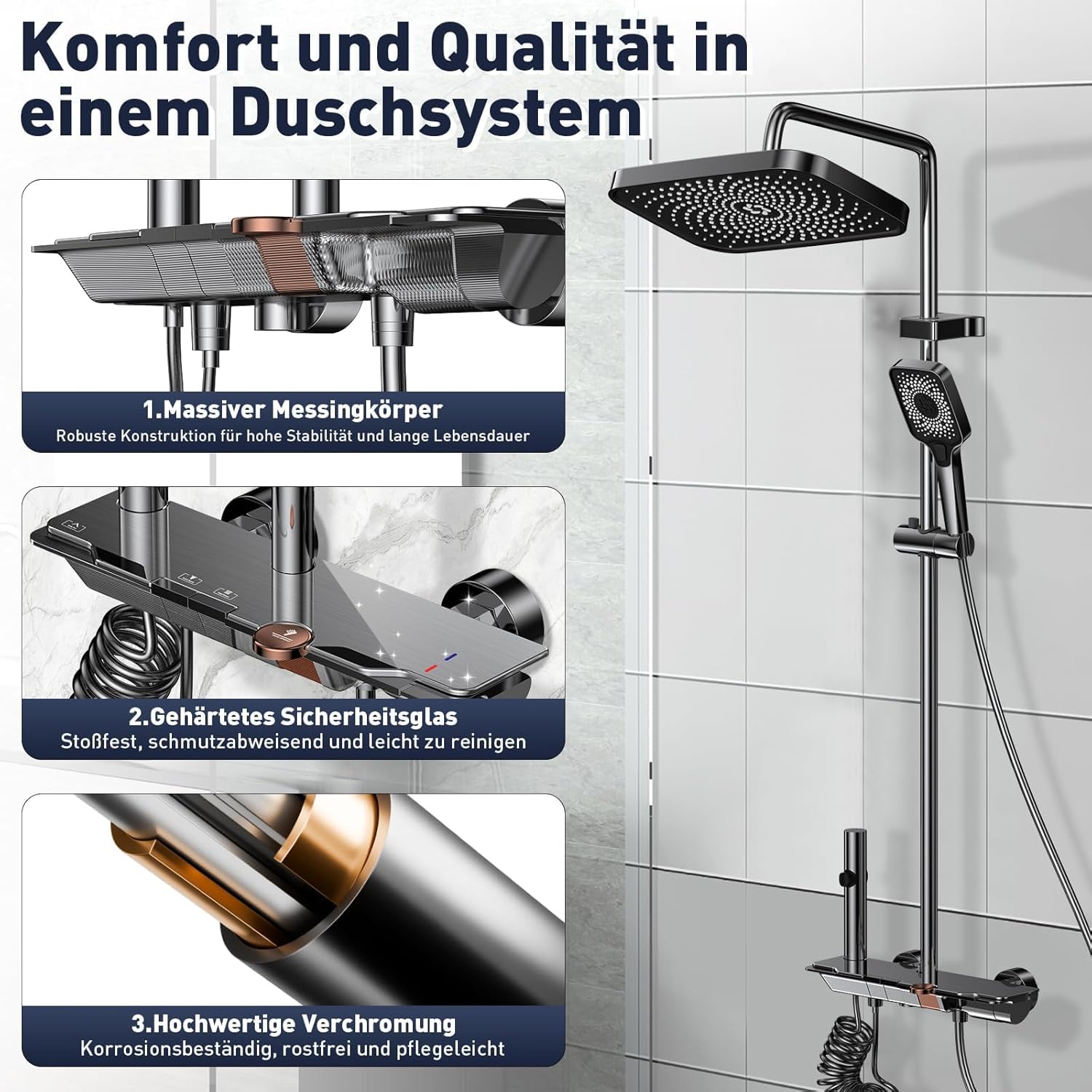 Duschsystem mit Armatur, XXL Regendusche Komplettset mit Klaviertasten-Bedienung, 4 Funktionen Duscharmatur Set, Höhenverstellbar 83-110cm, Messing & Gehärtetes Glas, Duschamatur für Badewanne