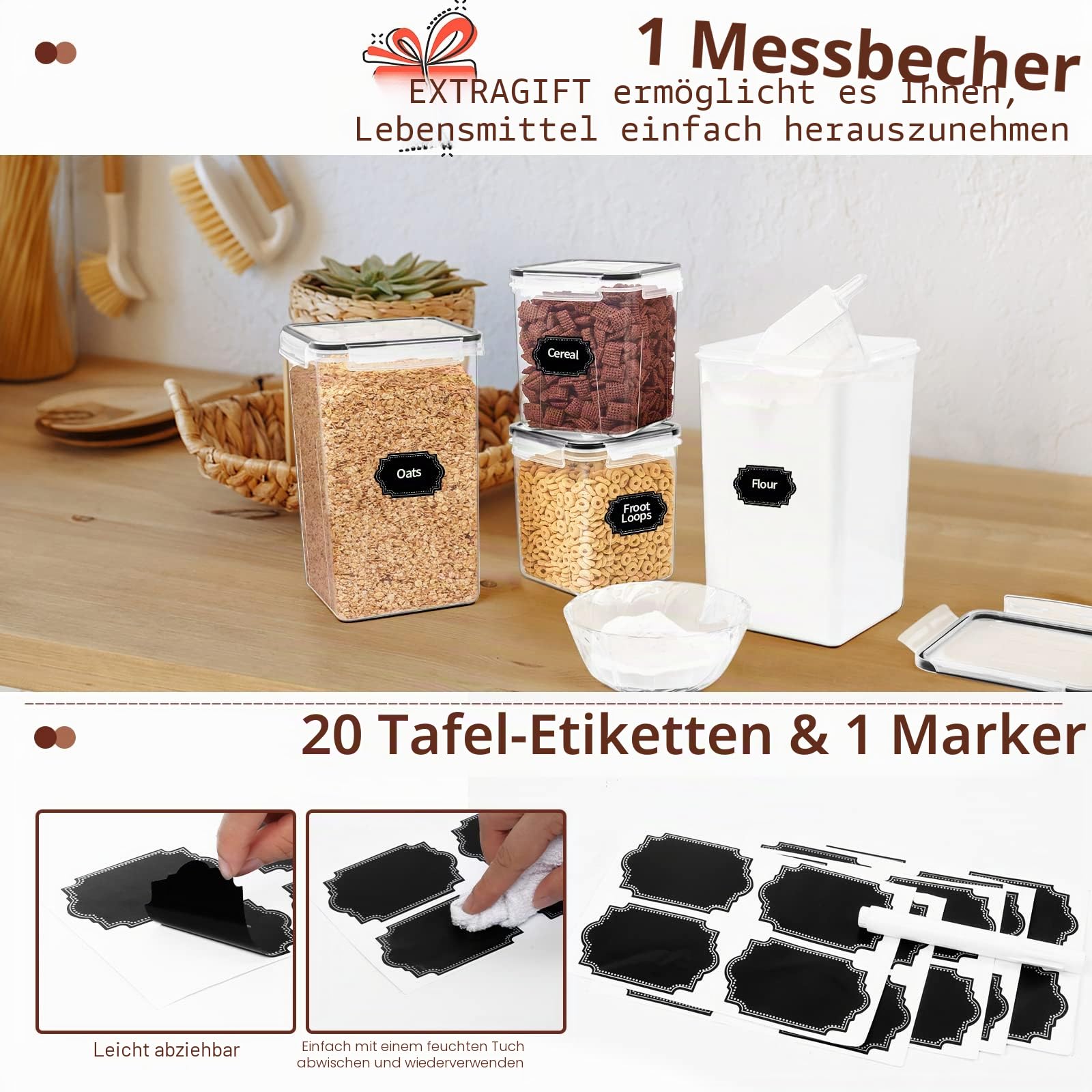 Skroam Große luftdichte Frischhaltedosen mit Deckel, Müslibehälter, Aufbewahrungs-Set – BPA-frei, Speisekammer-Organizer und Aufbewahrung für Mehl, Zucker und Reis, mit Messbecher, Etiketten