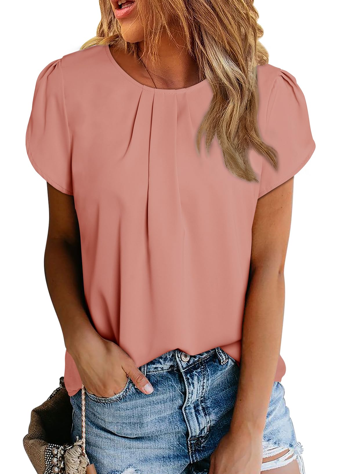 Dokotoo Damen Bluse Kurzarm Falten Tunika Elegant Chiffon Blusenshirt Sommer Rundhals Lose Oberteile Shirts Top, rosa, 2XL