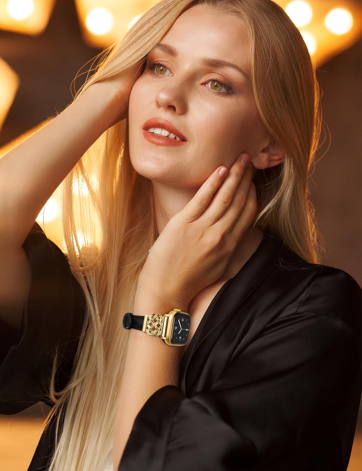 TOYOUTHS Compatible with Apple Watch Bands Women 38/40/41/42mm Dressy Slim Leather Strap with Designer Celtic Knot Interlock Buckle Bracelet for iWatch Series 11 10 9 8 7 6 5 4 SE 3 2 1, Black/Gold - Image 5