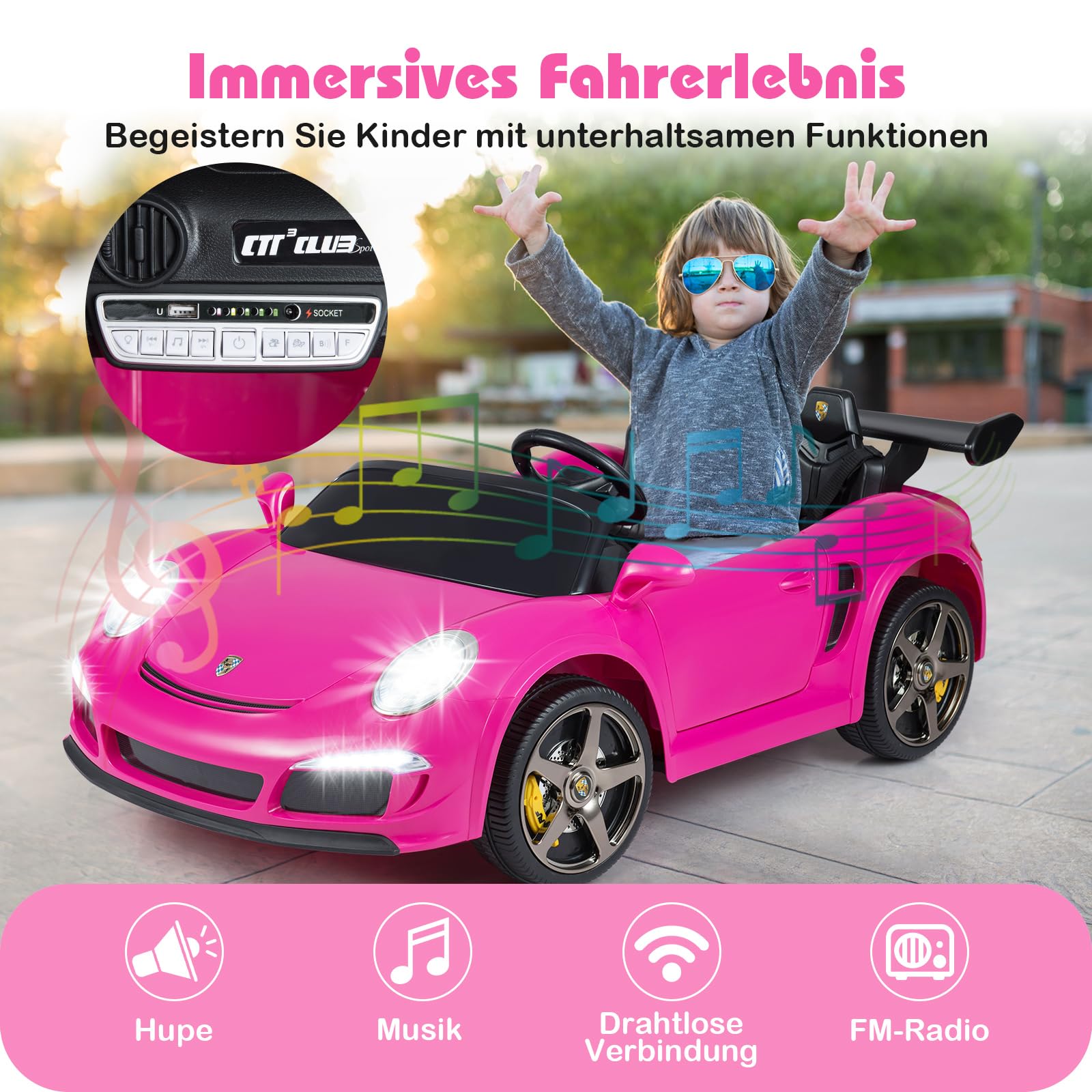COSTWAY Kinder Elektroauto, 24V Kinderauto Elektrisch mit 2,4G Fernbedienung, Kinderfahrzeug mit LED-Lichter, Hupe, Musik & Bluetooth, Elektrofahrzeug für Kinder ab 3 Jahren (Rosa)