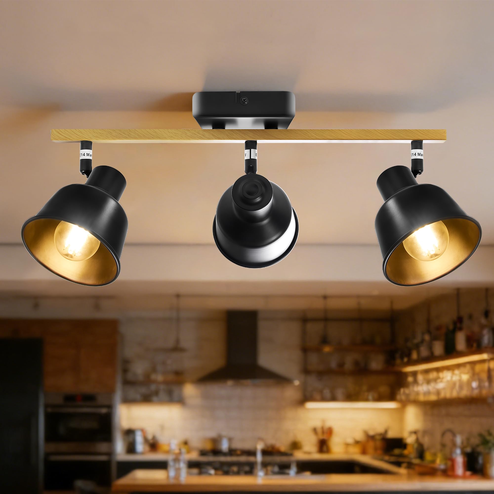 Aulaiyi Deckenstrahler 3 Flammig, Schwenkbar 350°, Vintage Deckenlampe LED Deckenleuchte, E14 Fassung Industrial Holzmaserung light für Küche, Wohnzimmer, Schlafzimmer, Schwarz (Ohne Leuchtmittel)