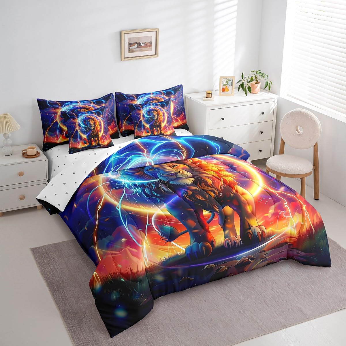 Manfei 7 Pieces Lion Comforter Set King Size, Wild Animal Theme Bedding Set for Kids Boys Girls Bedroom Decor, African Wildlife Lion 7pcs Bed in a Bag with Comforter, Sheets and Pillow Cases