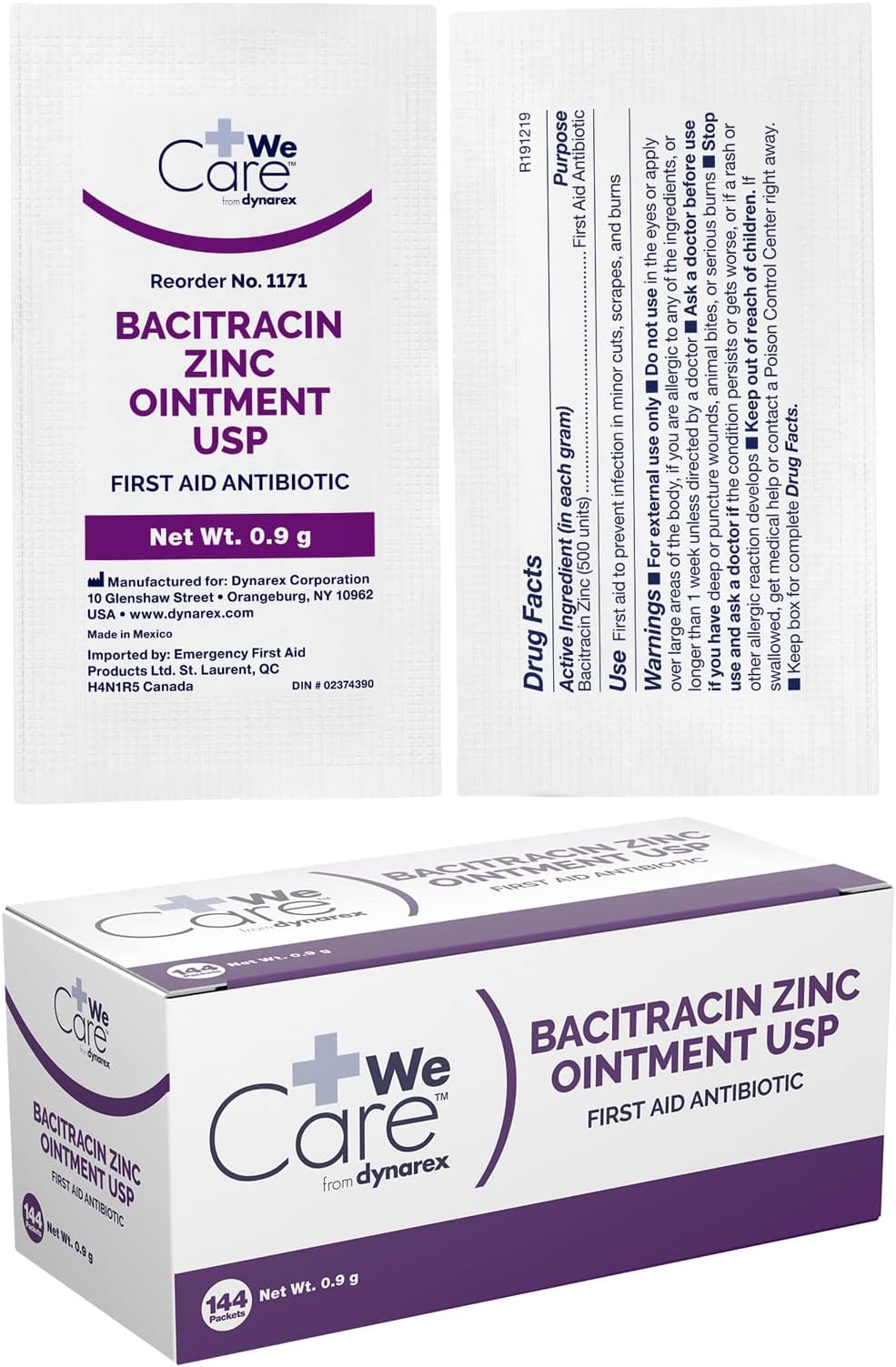 Dynarex Bacitracin Zinc Ointment USP - Burn Cream and Antibiotic Ointment for Minor Cuts, Diaper Rashes, Wound Care and First Aid, 0.9g Packets - 1 Box of 144 Packets