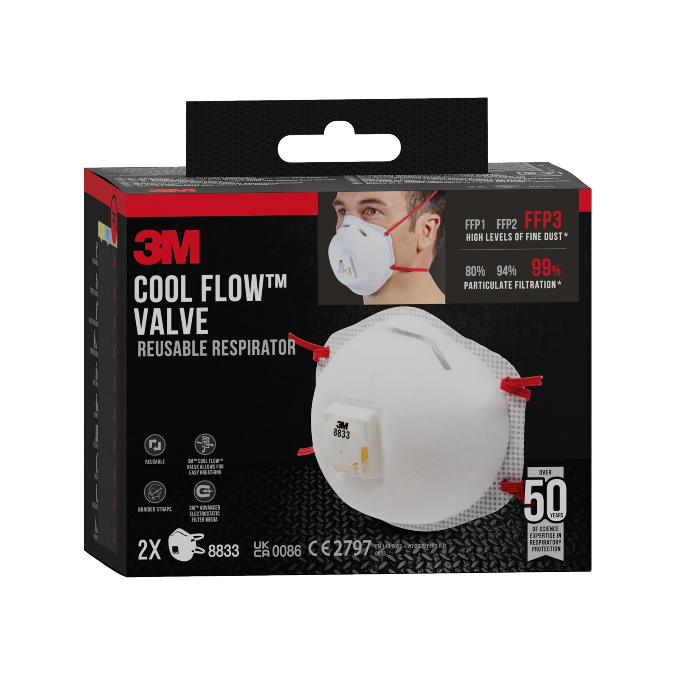 3M Particulate Maske für Dämmstoffe und Hartholz 8833C2, FFP3, Valved, Weiß, 2 pro Packung