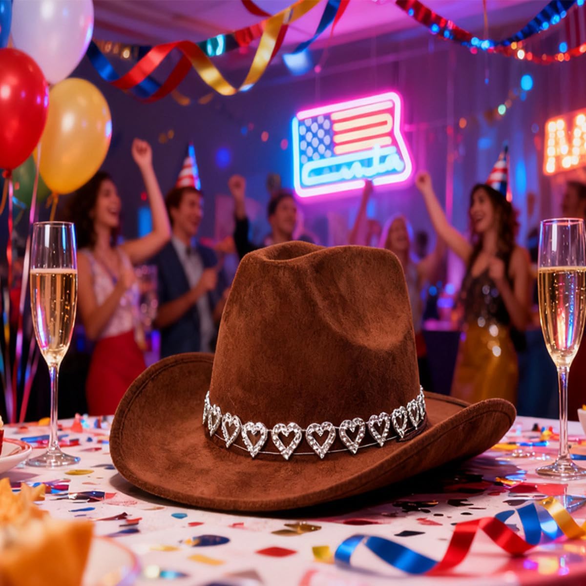 Cowboy Hat Glitter Hearts Rhinestone Felt Wide Brim Cowgirl Hat with Adjustable Lanyard for Men Women Brown