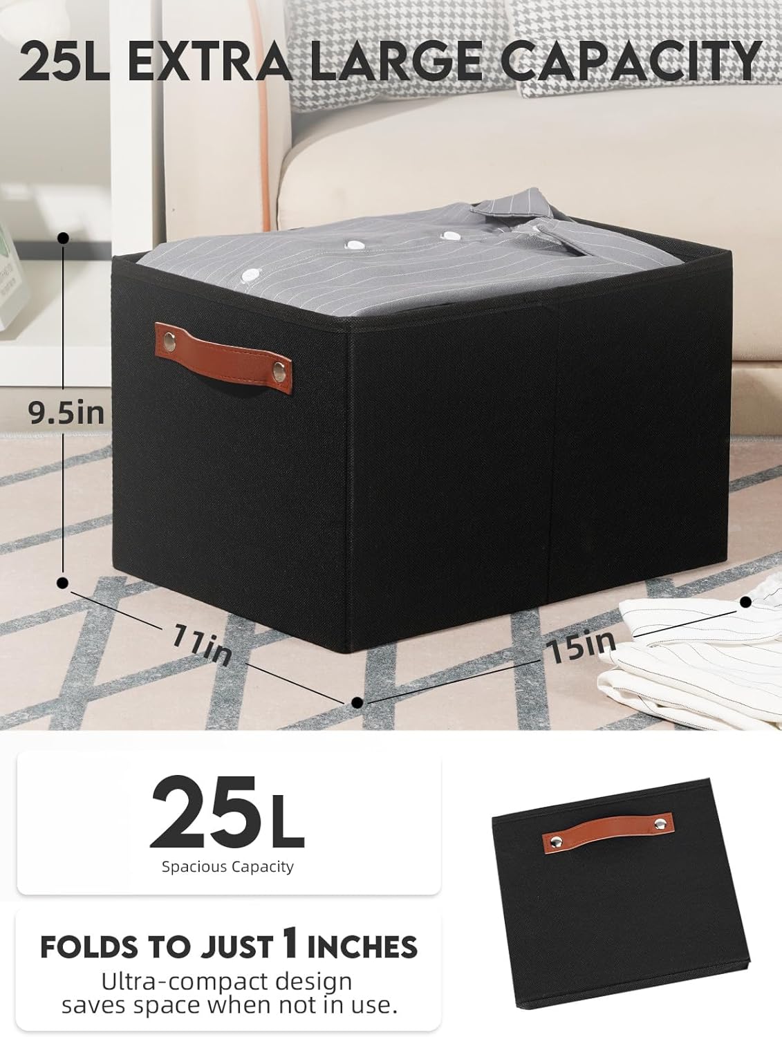 Fabric Storage Bins (15x11x9.5”) – Reinforced 2.5mm Cardboard Shelf Bins with PU Leather Handles – [6-Pack] Durable Storage Baskets for Closet Organization, Toy Organizer, & Home Office – Black