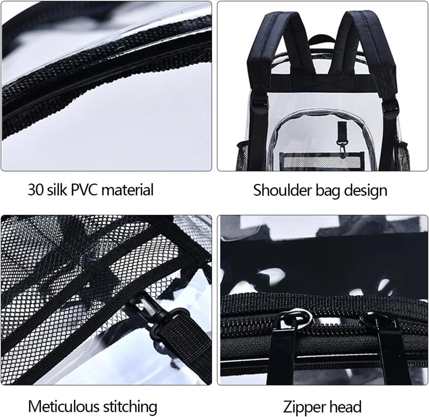 Clear Backpack Large Capacity Zipper School Bag Visible PVC Waterproof For Out Work Camping Travel Snack Pack(B-Black S)