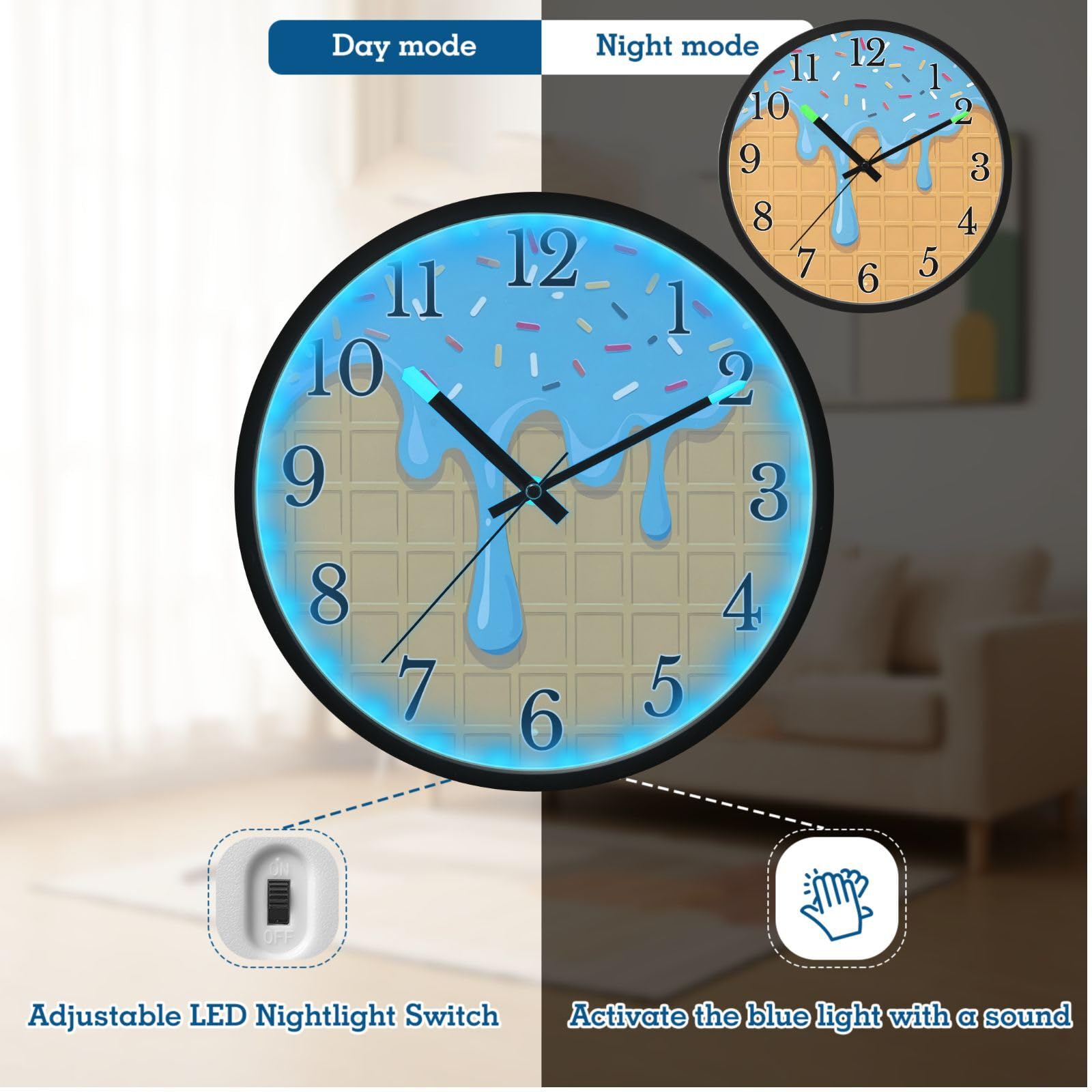 Mnsruu Reloj de pared luminoso, reloj de pared azul con goteo de helado, reloj de pared que brilla en la oscuridad, funciona con pilas, reloj silencioso de 30,5 cm con luz nocturna para dormitorio