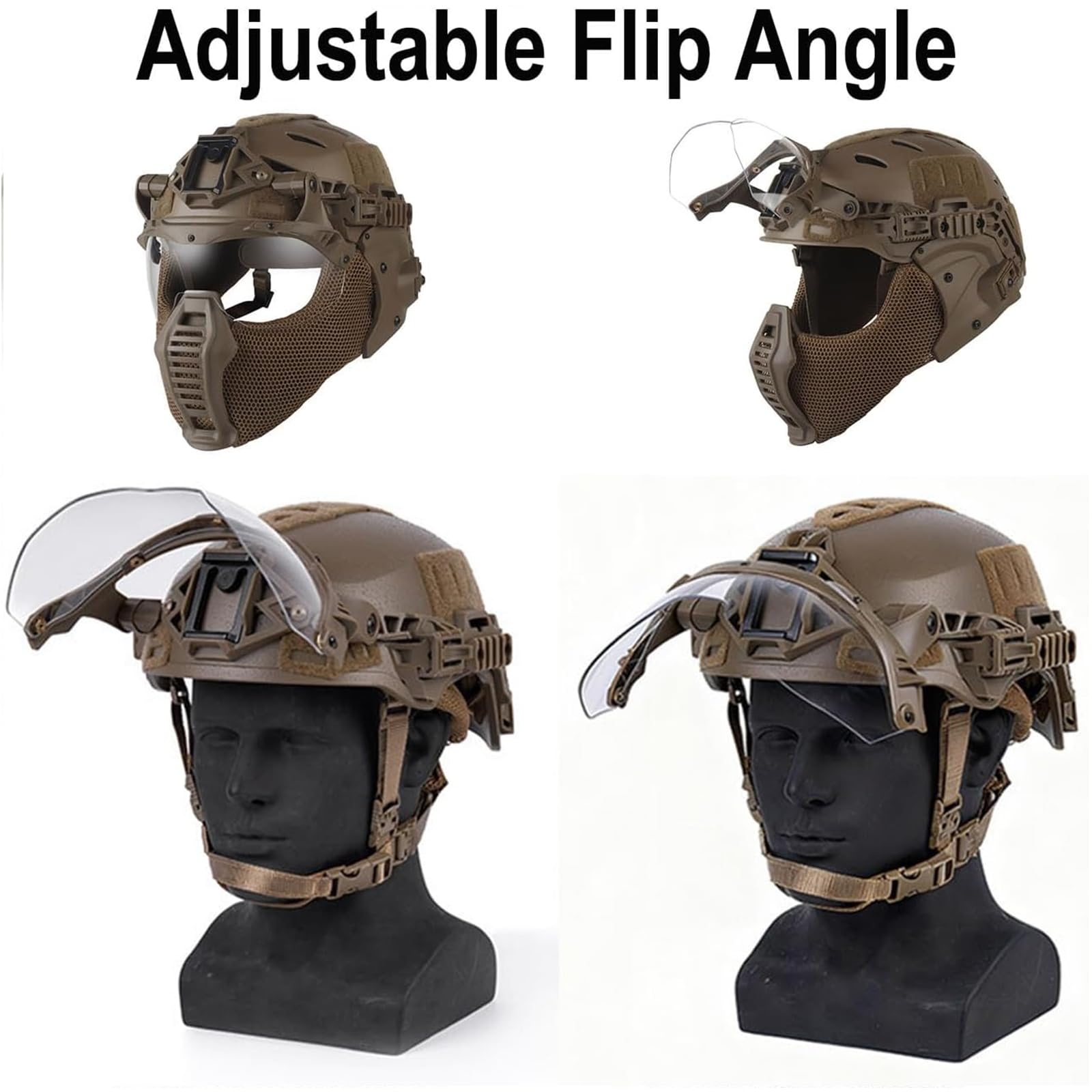 Casque tactique avec lunettes pliables externes pour rail 3.0, tir, angle réglable visière pliable, pour randonnée, CS, airsoft, paintball, équipement de protection