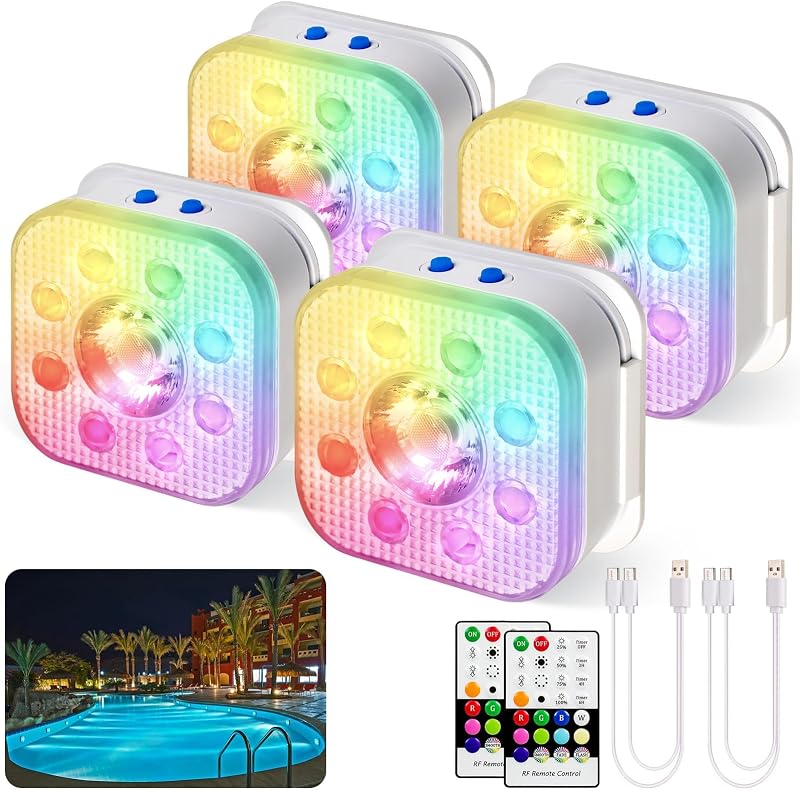 Luces para pileta HL, luces LED sumergibles recargables con control remoto | Luz magnética impermeable, foco de batería subacuática para piscinas elevadas/enterradas, jacuzzis, fuentes, paquete de 4