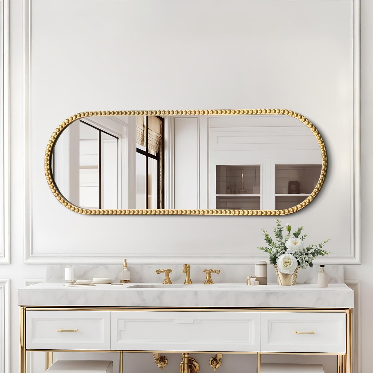 Antique Gold Full Length Mirror Oval Full Body Wall Mirror Baroque Beaded Mirrors Gold Metal Framed Decorative Wall Mirror for Bedroom Entryway 47"X16" - Image 3