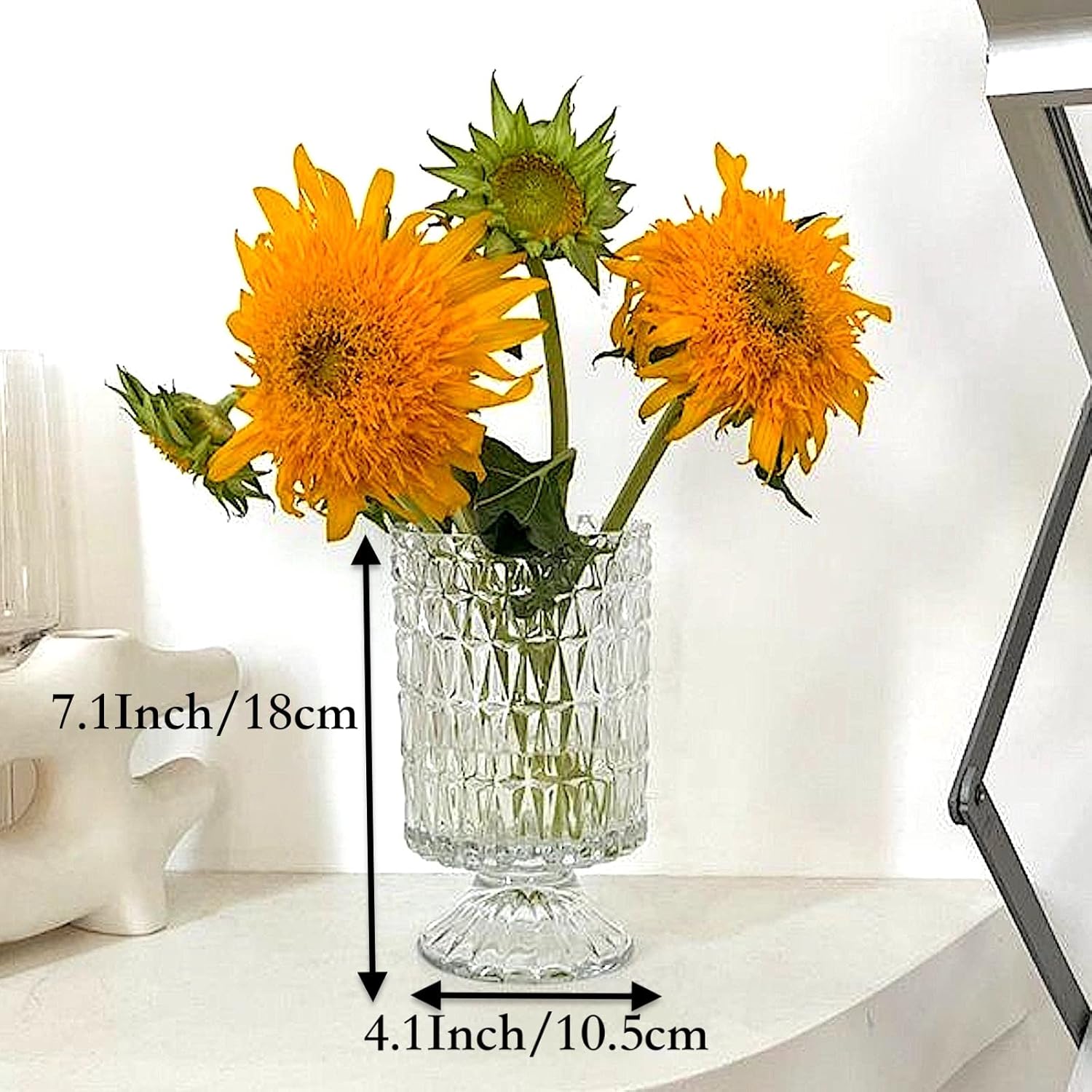 BLOFLO Embossed Glass Vase, 7'' Crystal Glass Vases, Pedestal Big Base Glass Bouquet Vase, Hydroponic Glass Transparent Vase for Home Office Wedding Dining Table Party (Long Rhombus Pattern) - Image 4