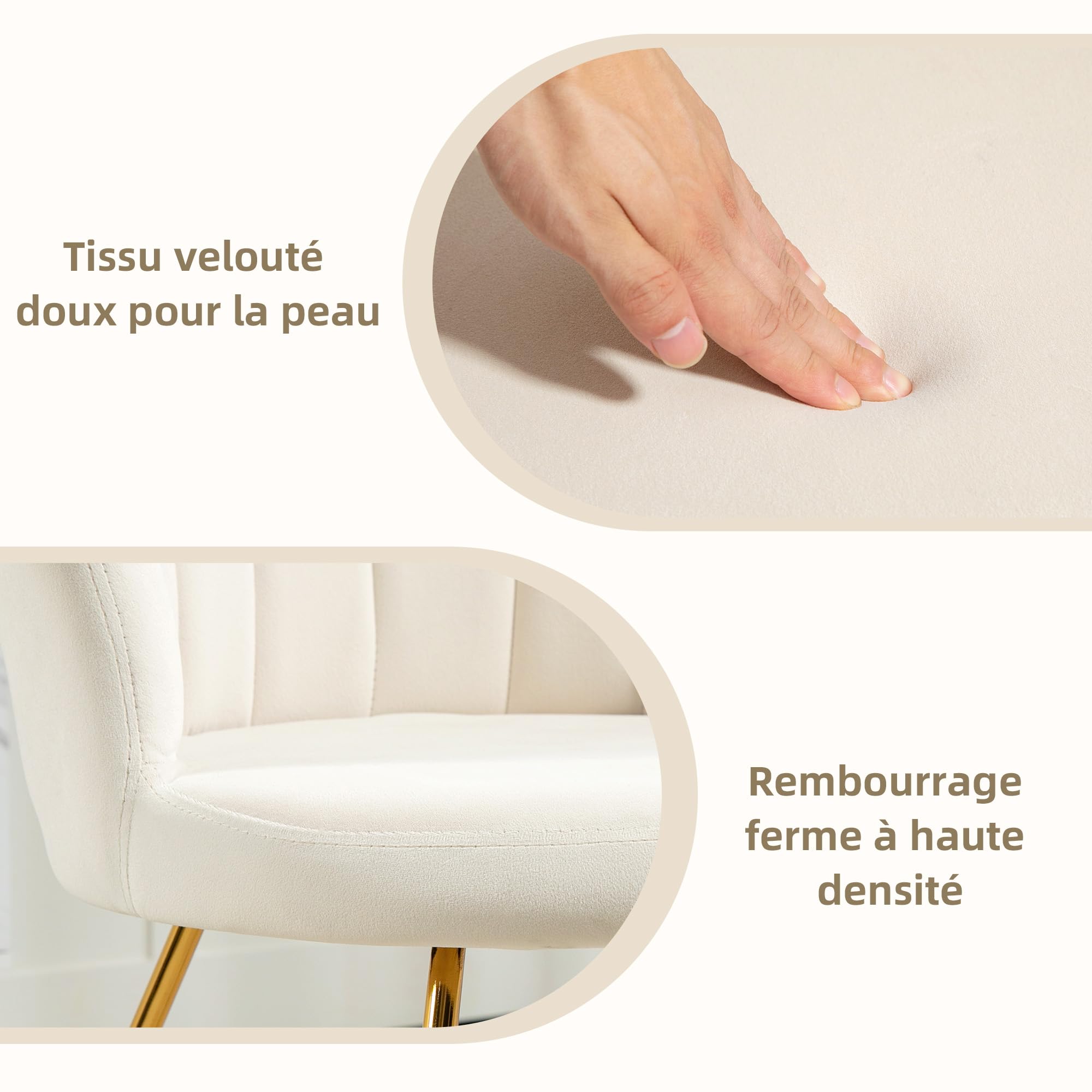 HOMCOM Chaise de Coquillage, Coiffeuse, Chaise en Velours, Chaise de Salon avec Pieds en Acier, pour Salon, Chambre à Coucher, 69 x 64 x 80 cm, crème