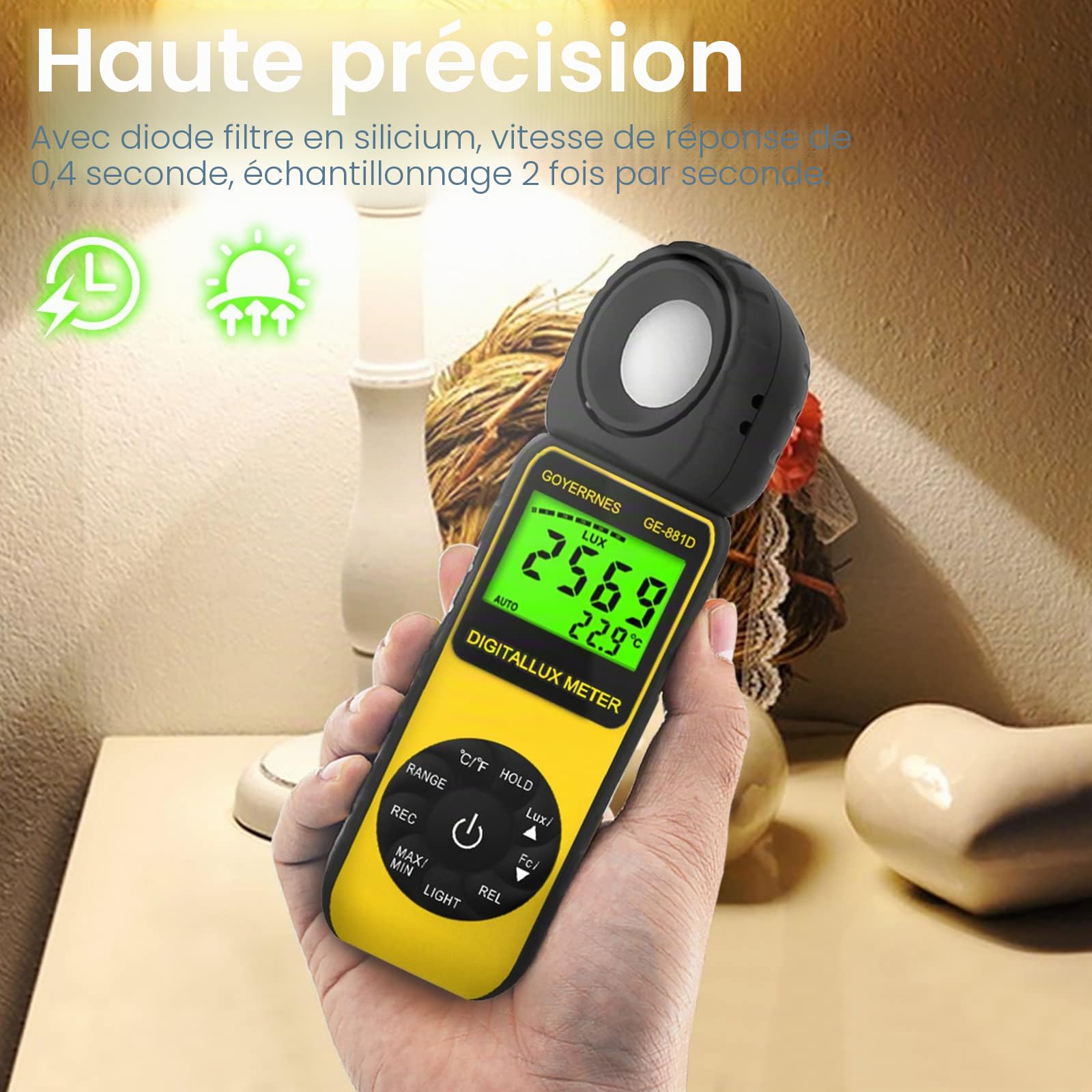 Luxmètre 0~400,000 Lux Photomètre numérique GR-881D Luxmètre portatif avec Mesure de la luminosité de l'intensité de la température ambiante avec Maintien des données Max/Min.