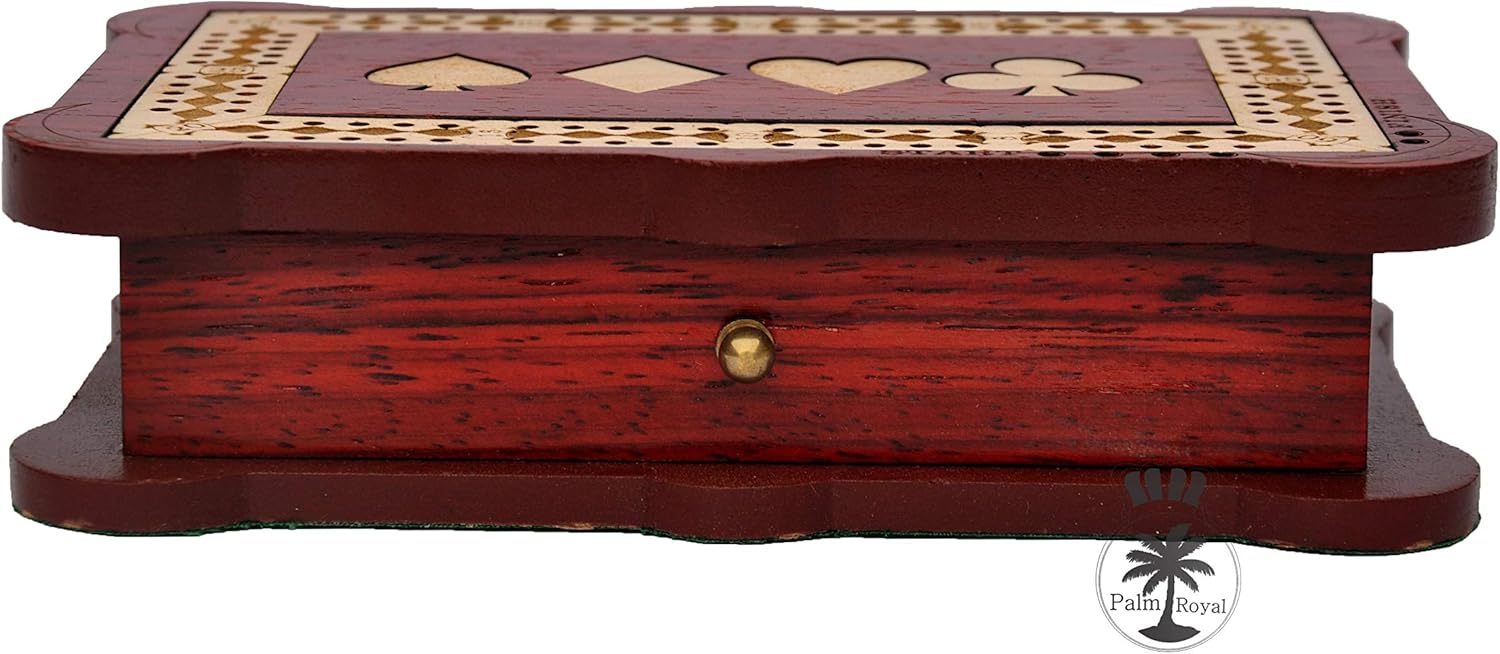 PALM ROYAL HANDICRAFTS 2 Track Wooden Cribbage Board Game Set with pegs and Cards Made of Bloodwood and Maplewood Storage Available. Size (6.5" x 4")
