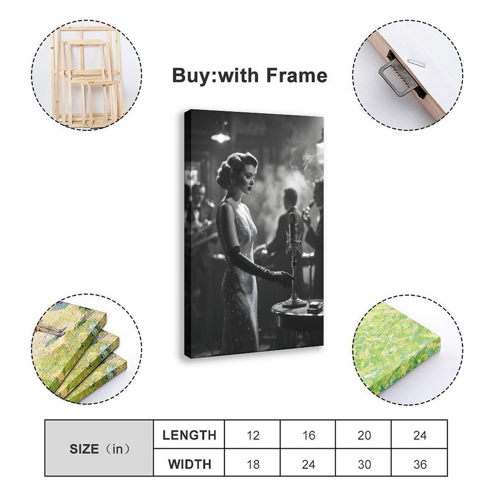 QIENAZIO Poster da parete in stile retrò con cantante jazz, musica in bianco e nero, elegante decorazione artistica da parete per camera da letto, ufficio, cucina, regalo, 60 x 90 cm