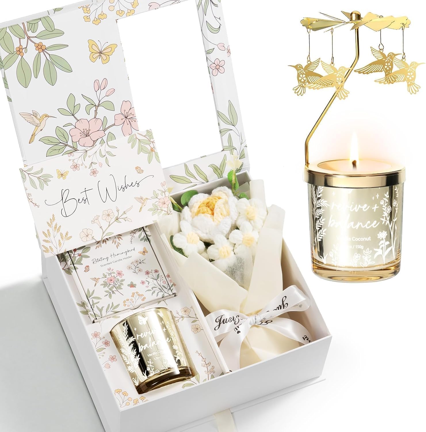 Unique Birthday Gifts for Women, Easter Basket Mother's Day Gifts for Women Her Mom Sister Grandma Wife, Christmas Candles Hummingbird Rotating Scented Candles Set for Woman w/Crochet Flower Bouquet