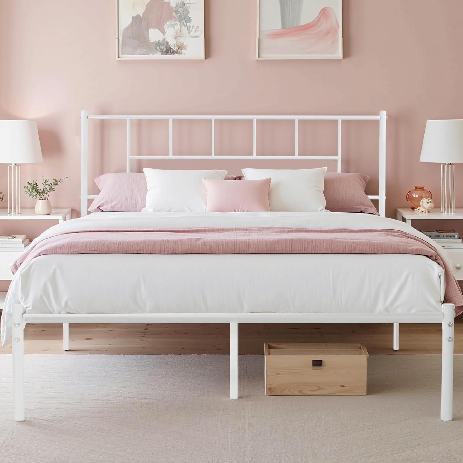 VECELO Queen Metal Platform Bed Frame with Headboard, Heavy Duty Steel Slat Support, Under Bed Storage,No Box Spring Needed, Easy Assembly White Queen